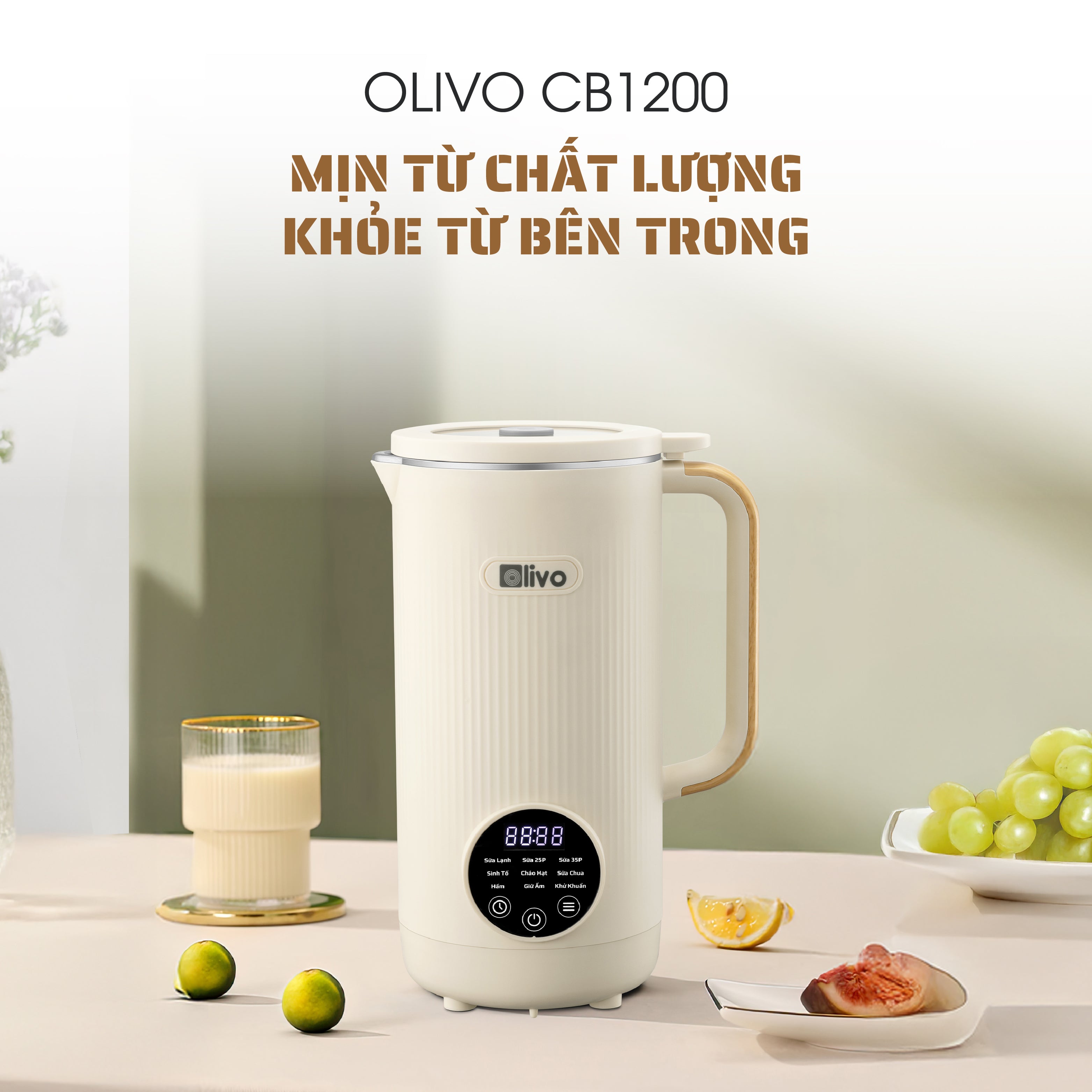 Máy Xay Nấu Đa Năng OLIVO CB1200 - Dung Tích 1.2L - Nắp INOX 304 Kết Hợp Kính Cường Lực - 10 Chế Độ, Khử Khuẩn, Chống Trào Tuyệt Đối