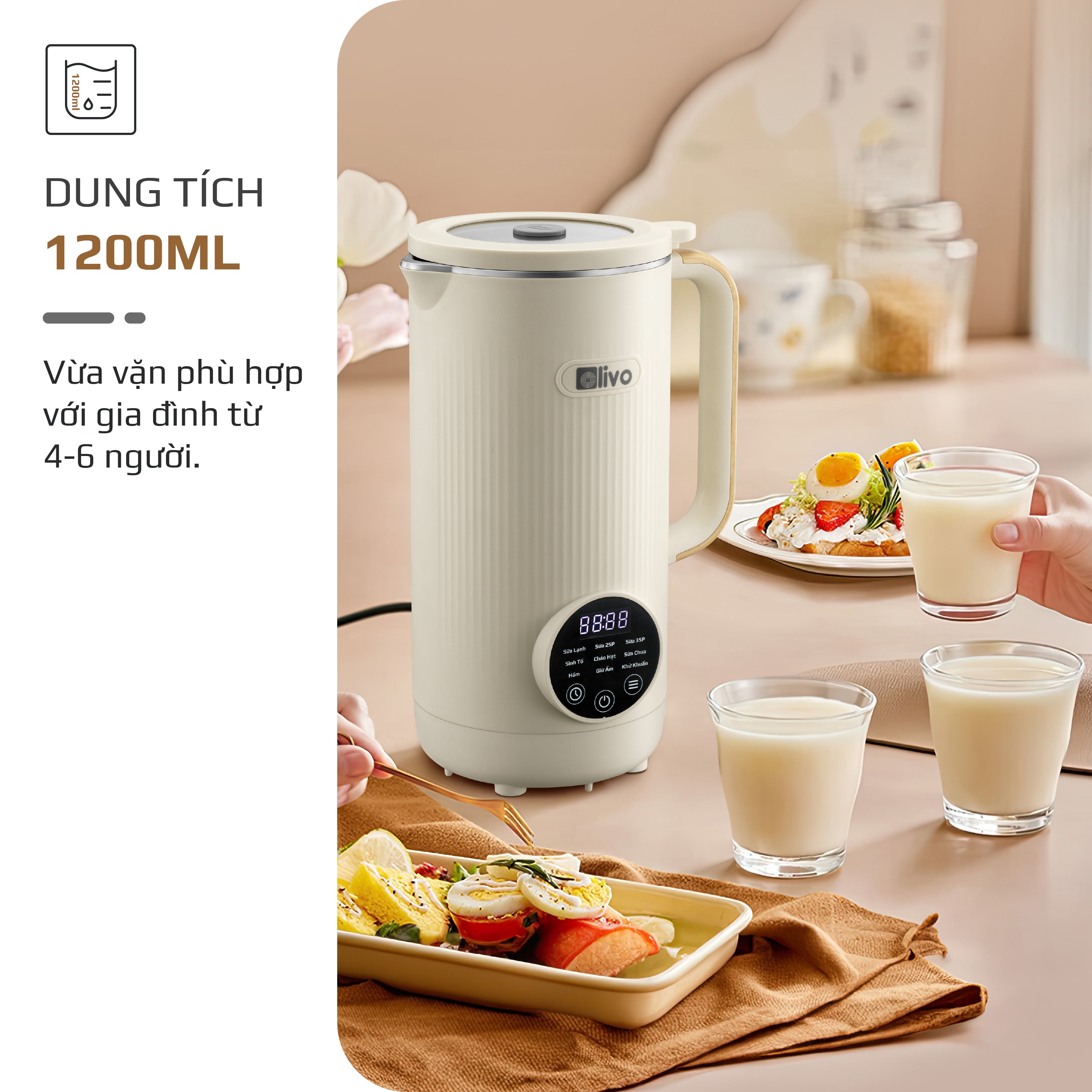 Máy Xay Nấu Đa Năng OLIVO CB1200 - Dung Tích 1.2L - Nắp INOX 304 Kết Hợp Kính Cường Lực - 10 Chế Độ, Khử Khuẩn, Chống Trào Tuyệt Đối