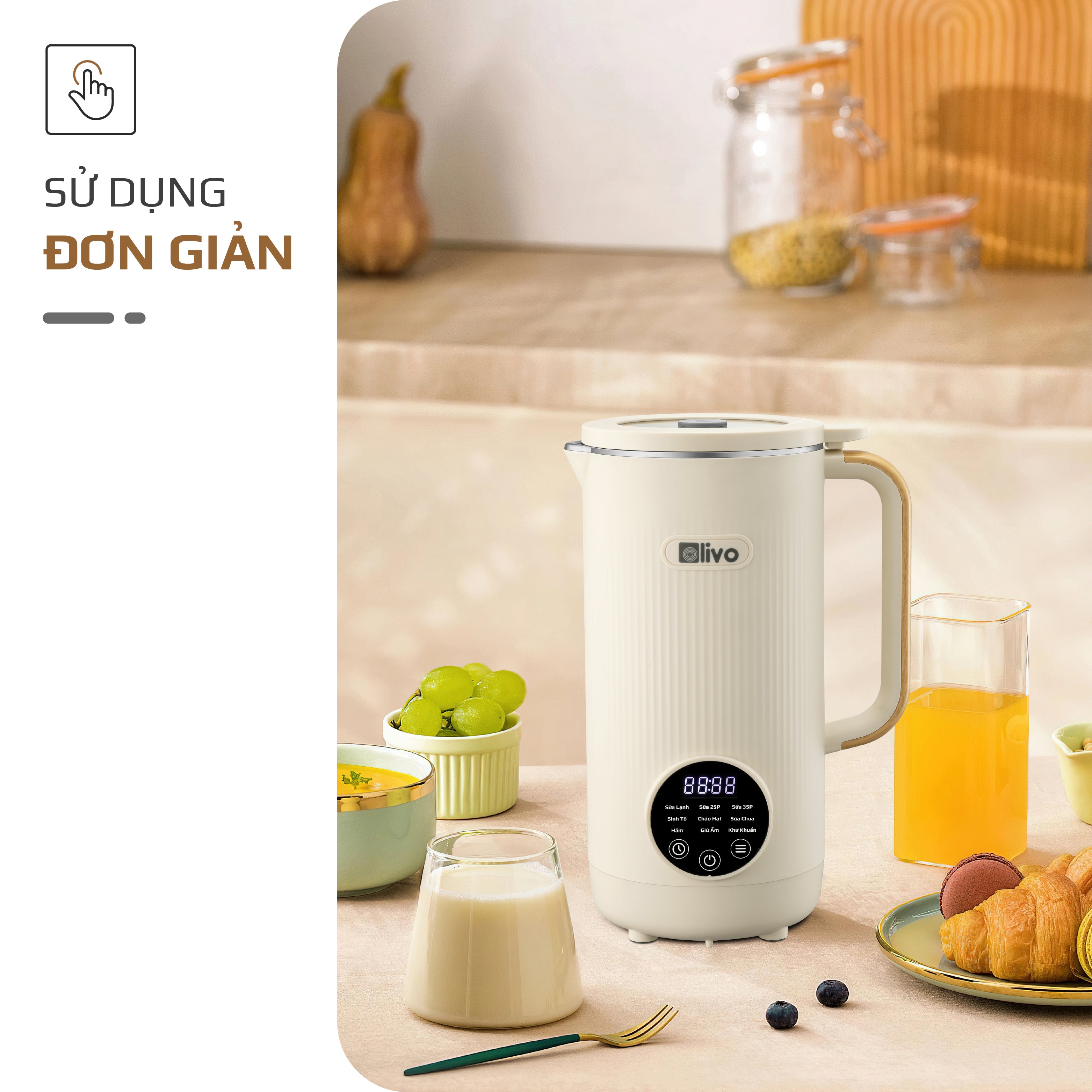 Máy Xay Nấu Đa Năng OLIVO CB1200 - Dung Tích 1.2L - Nắp INOX 304 Kết Hợp Kính Cường Lực - 10 Chế Độ, Khử Khuẩn, Chống Trào Tuyệt Đối
