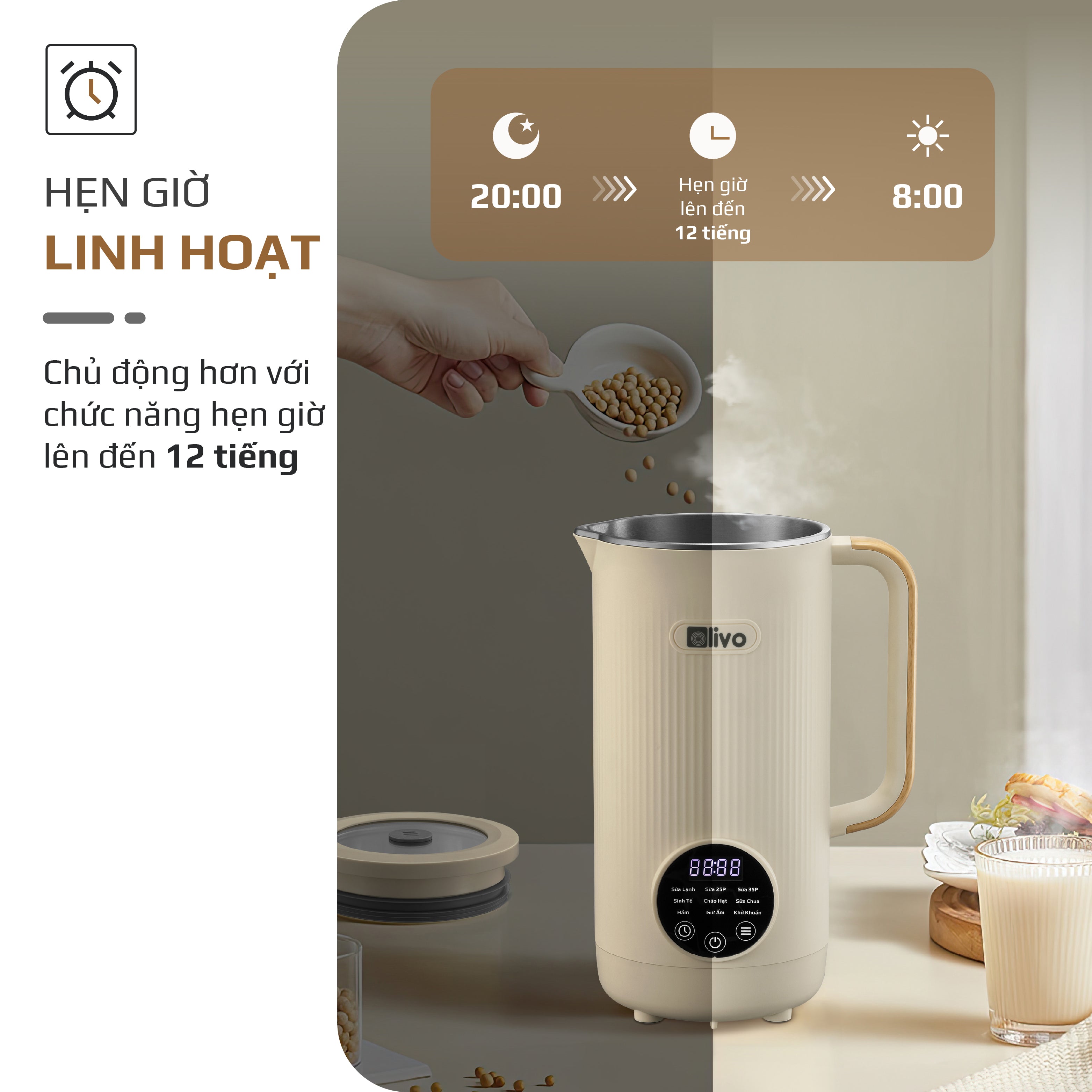 Máy Xay Nấu Đa Năng OLIVO CB1200 - Dung Tích 1.2L - Nắp INOX 304 Kết Hợp Kính Cường Lực - 10 Chế Độ, Khử Khuẩn, Chống Trào Tuyệt Đối