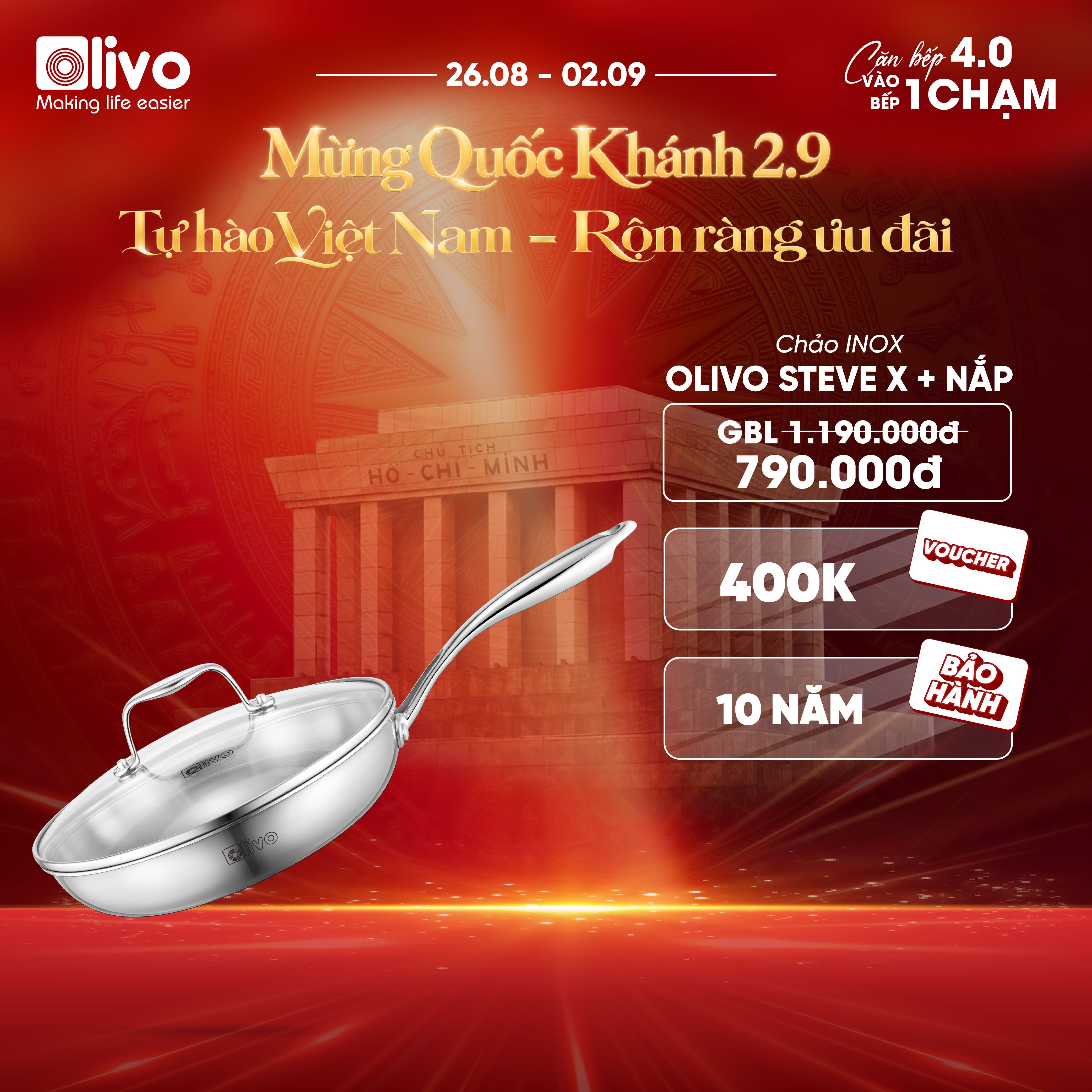 CHẢO 4 LỚP INOX OLIVO STEVE X - Chống Dính Tự Nhiên, Đường Kính 24cm – Nấu Được Trên Mọi Loại Bếp