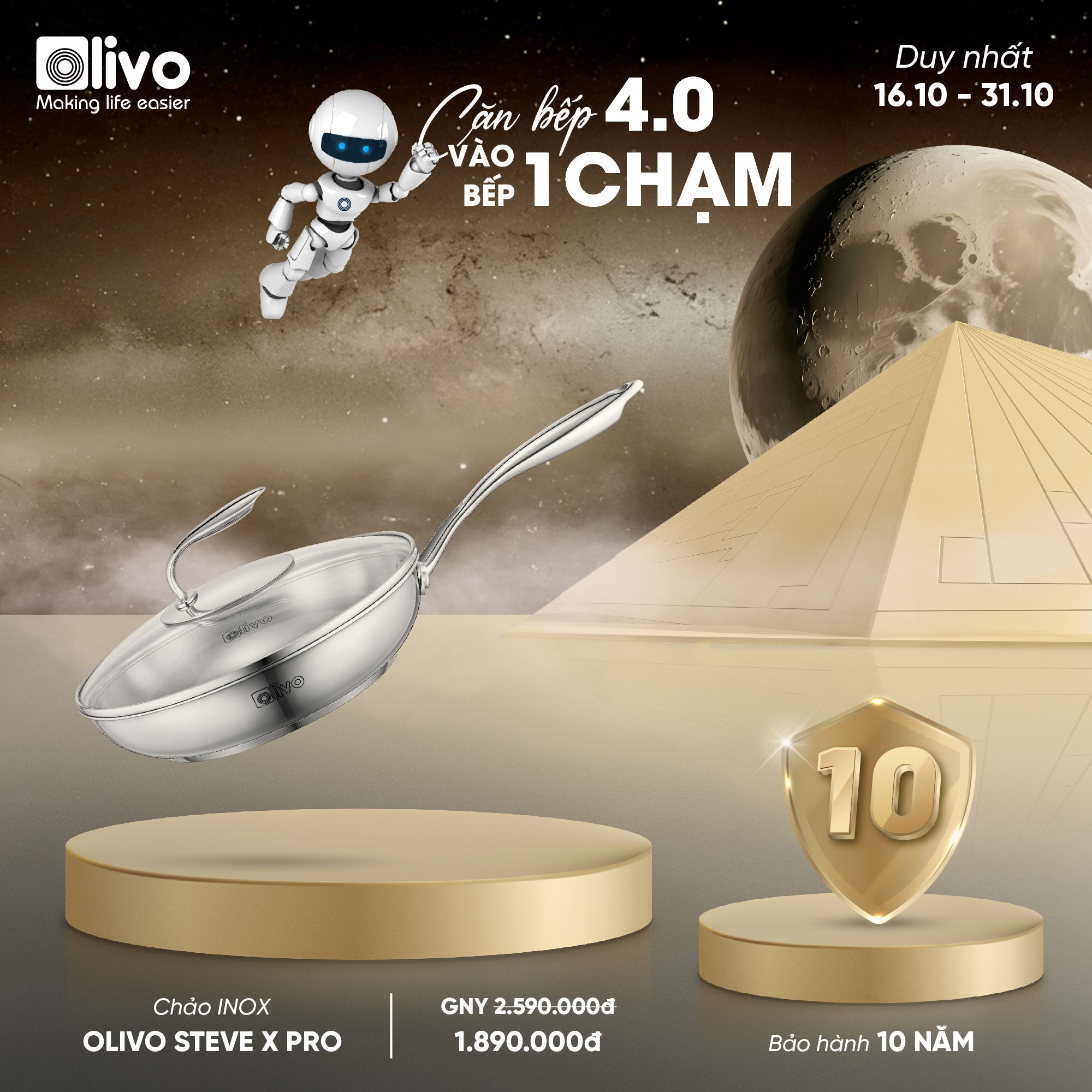 Chảo INOX OLIVO STEVE X PRO - Chống Dính Tự Nhiên, Đáy 5 Lớp, Đường Kính 24cm – Nấu Được Trên Mọi Loại Bếp