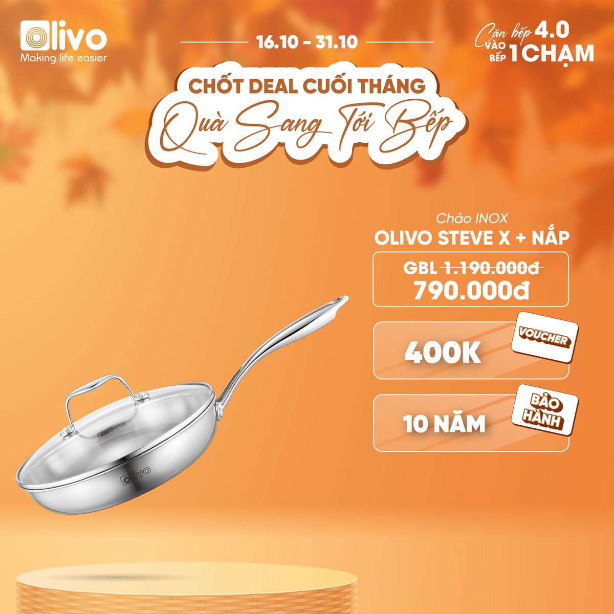 CHẢO 4 LỚP INOX OLIVO STEVE X - Chống Dính Tự Nhiên, Đường Kính 24cm – Nấu Được Trên Mọi Loại Bếp