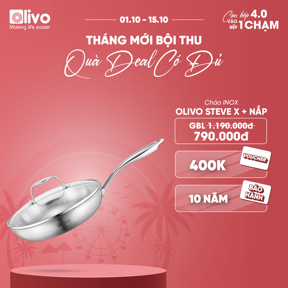 CHẢO 4 LỚP INOX OLIVO STEVE X - Chống Dính Tự Nhiên, Đường Kính 24cm – Nấu Được Trên Mọi Loại Bếp