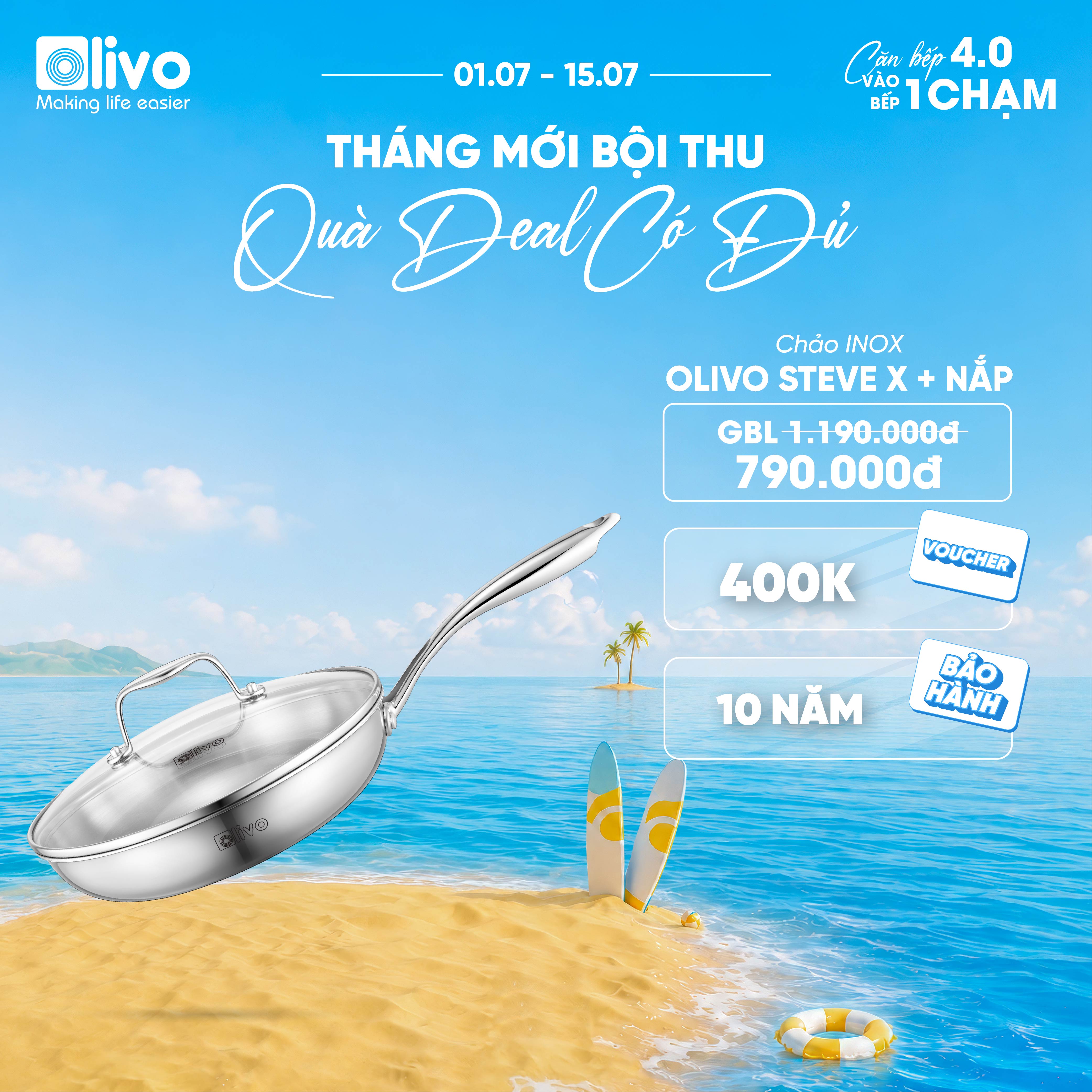 CHẢO 4 LỚP INOX OLIVO STEVE X - Chống Dính Tự Nhiên, Đường Kính 24cm – Nấu Được Trên Mọi Loại Bếp