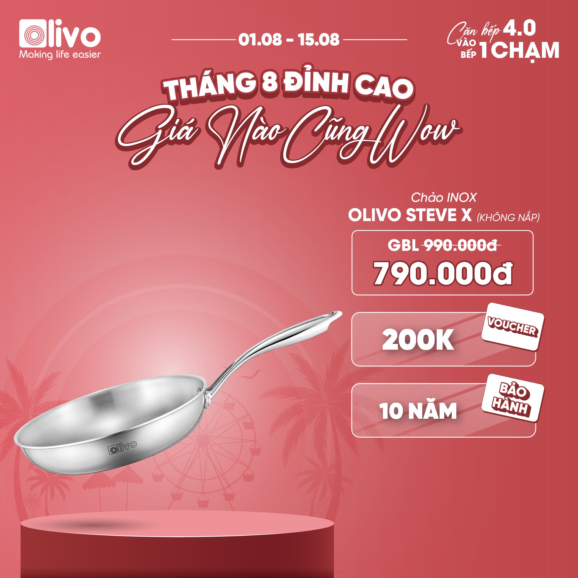 CHẢO 4 LỚP INOX OLIVO STEVE X - Chống Dính Tự Nhiên, Đường Kính 24cm – Nấu Được Trên Mọi Loại Bếp