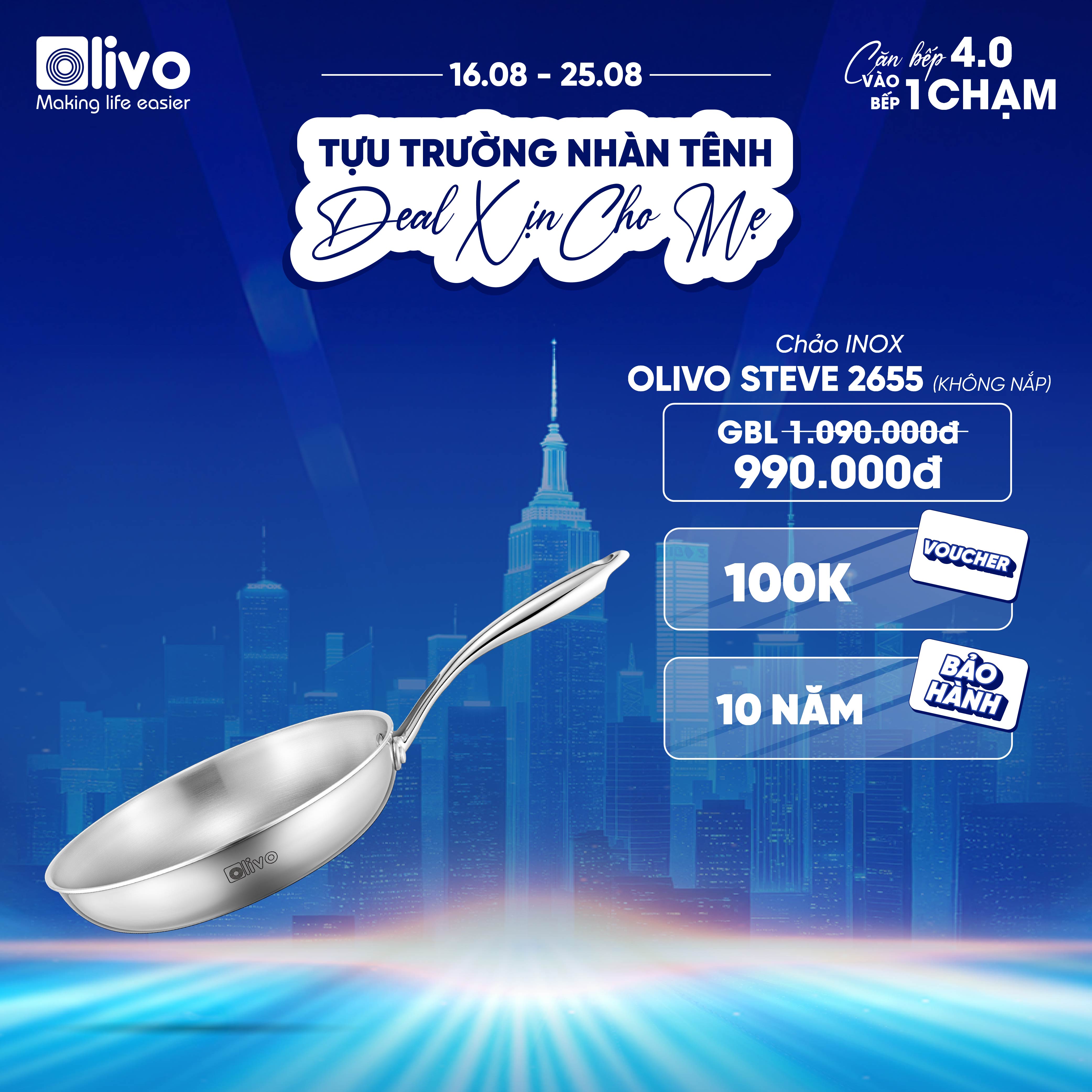 CHẢO INOX OLIVO STEVE 2655 – Chống Dính Tự Nhiên, An Toàn Cho Sức Khỏe, Đường Kính 26cm, Sâu 5.5cm, Nấu Được Trên Mọi Loại Bếp