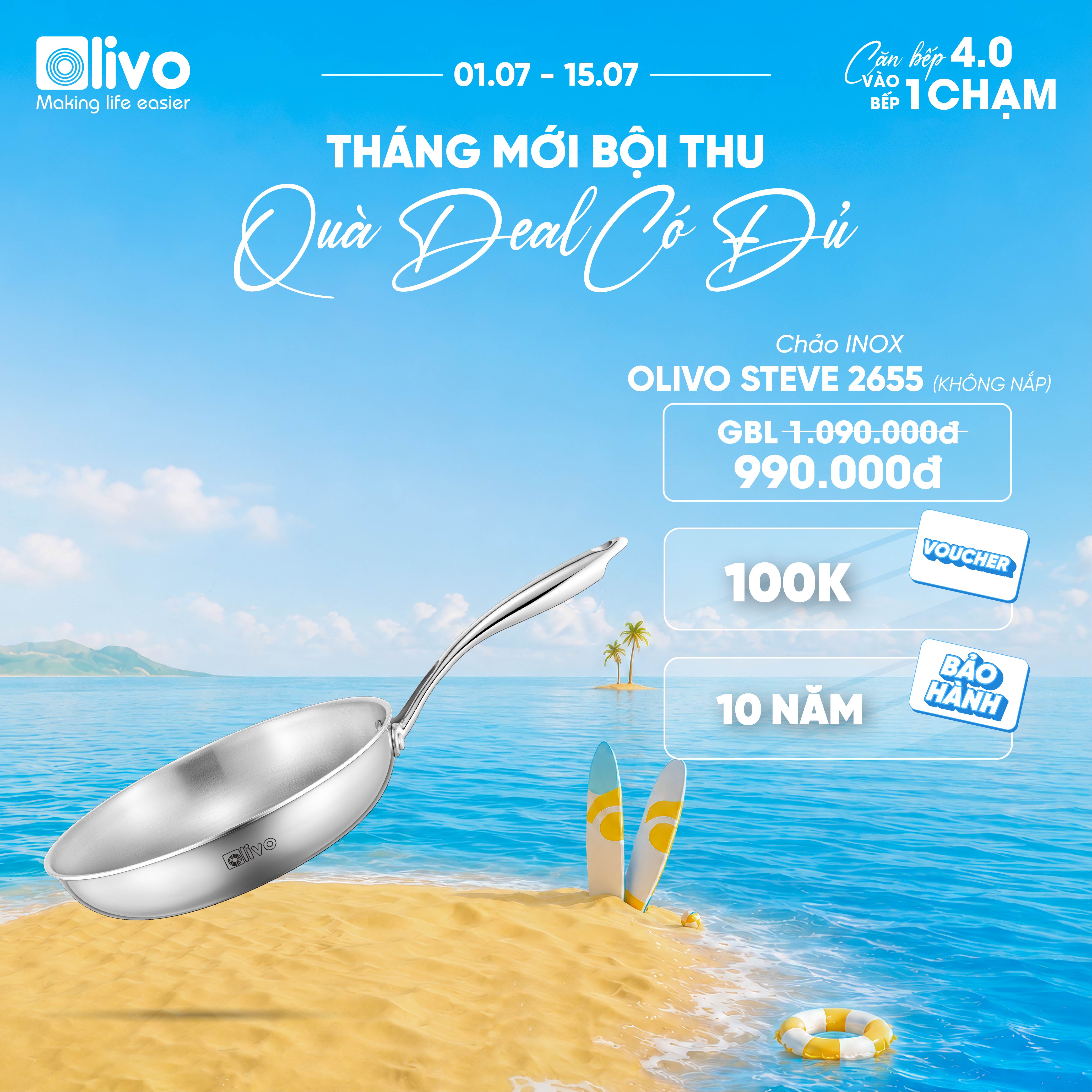 CHẢO INOX OLIVO STEVE 2655 – Chống Dính Tự Nhiên, An Toàn Cho Sức Khỏe, Đường Kính 26cm, Sâu 5.5cm, Nấu Được Trên Mọi Loại Bếp