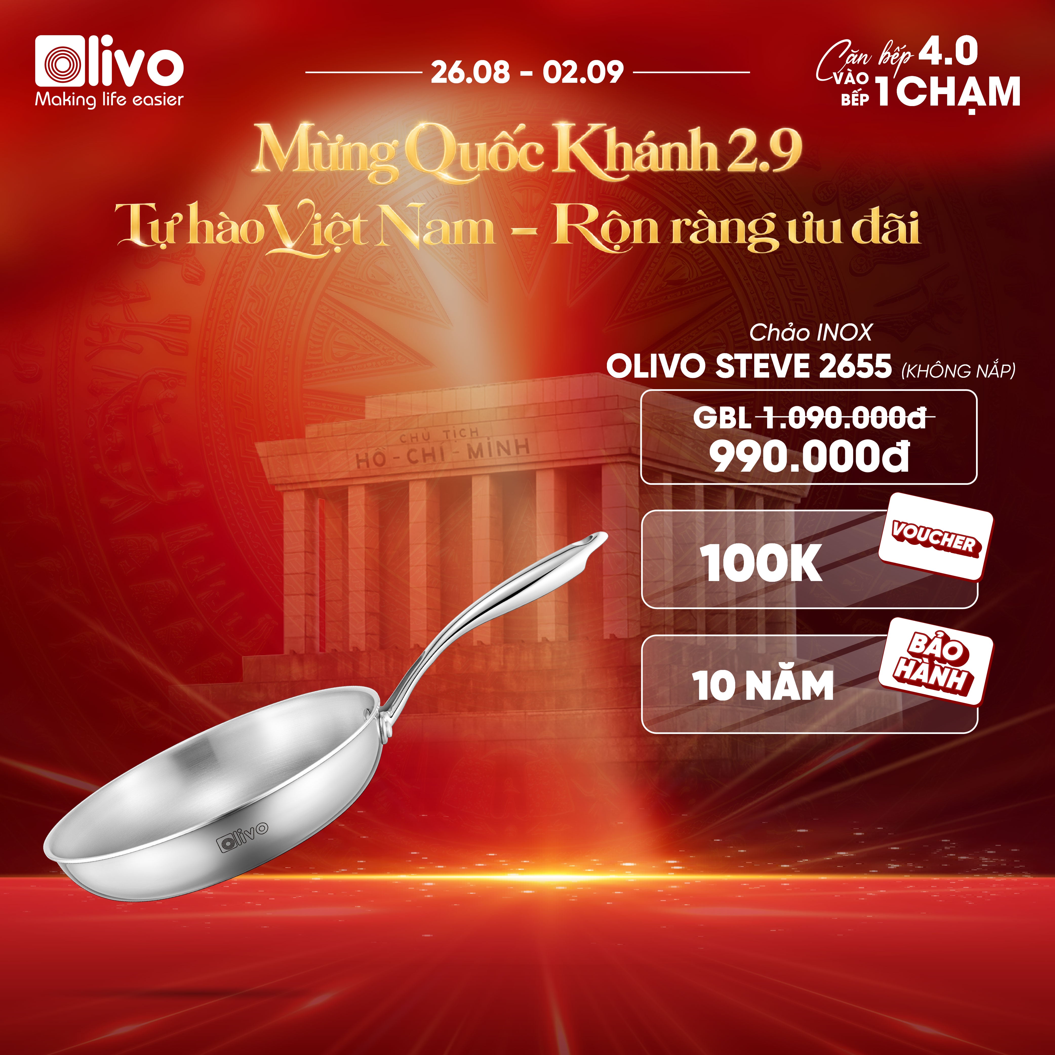 CHẢO INOX OLIVO STEVE 2655 – Chống Dính Tự Nhiên, An Toàn Cho Sức Khỏe, Đường Kính 26cm, Sâu 5.5cm, Nấu Được Trên Mọi Loại Bếp