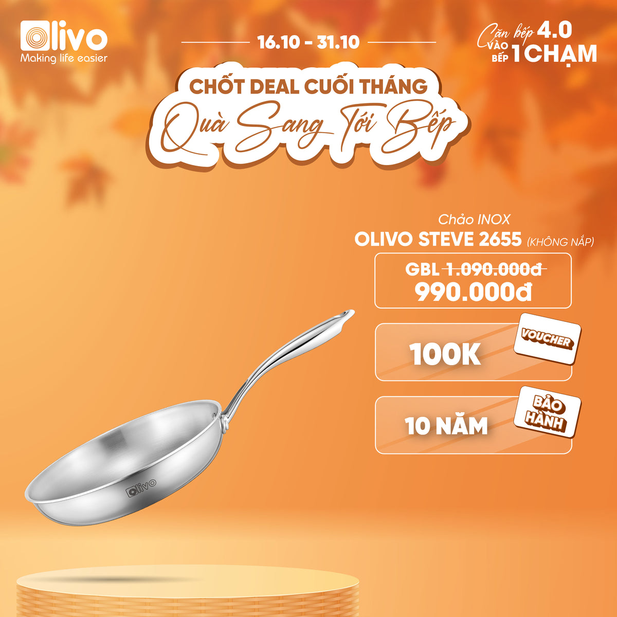 CHẢO INOX OLIVO STEVE 2655 – Chống Dính Tự Nhiên, An Toàn Cho Sức Khỏe, Đường Kính 26cm, Sâu 5.5cm, Nấu Được Trên Mọi Loại Bếp