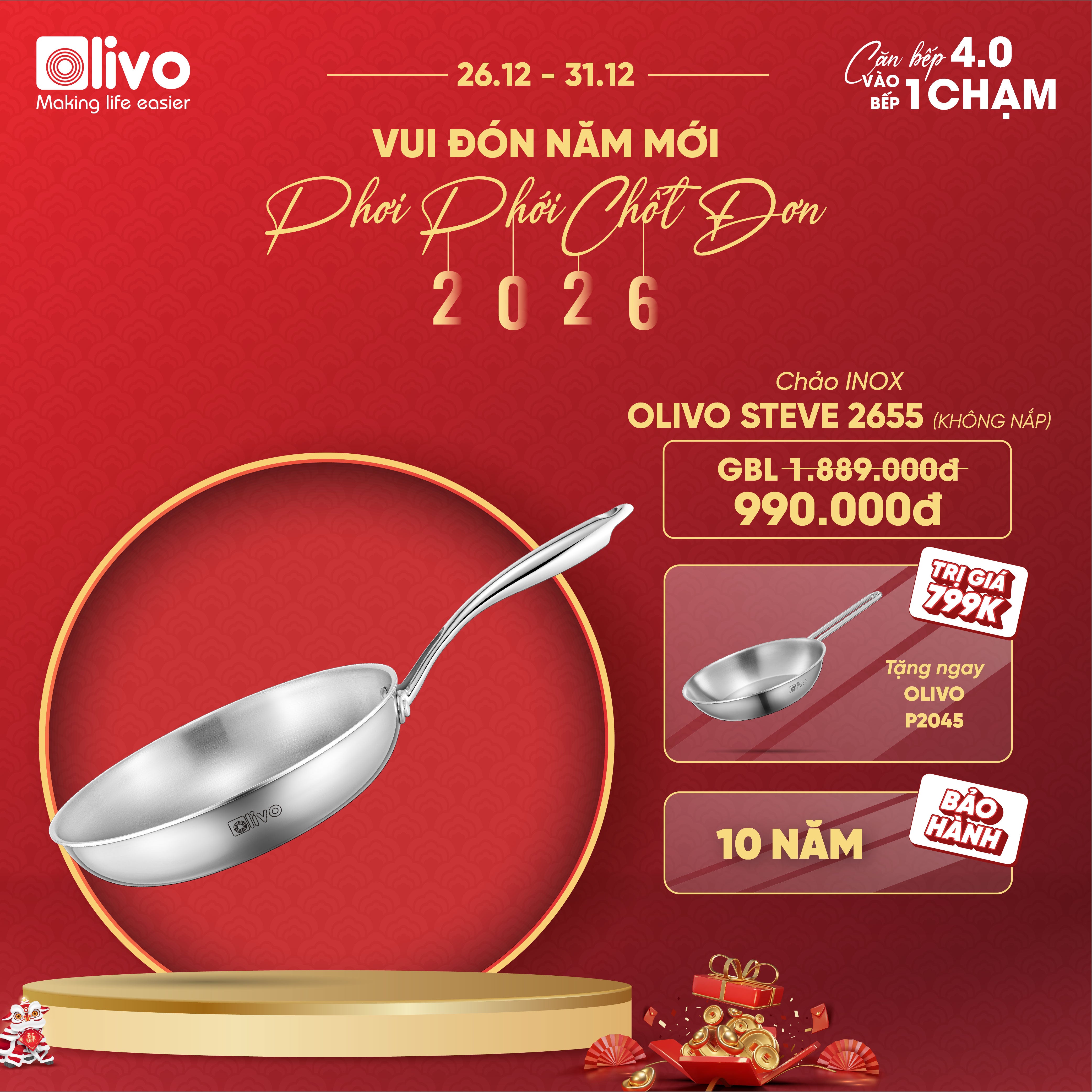 CHẢO INOX OLIVO STEVE 2655 – Chống Dính Tự Nhiên, An Toàn Cho Sức Khỏe, Đường Kính 26cm, Sâu 5.5cm, Nấu Được Trên Mọi Loại Bếp