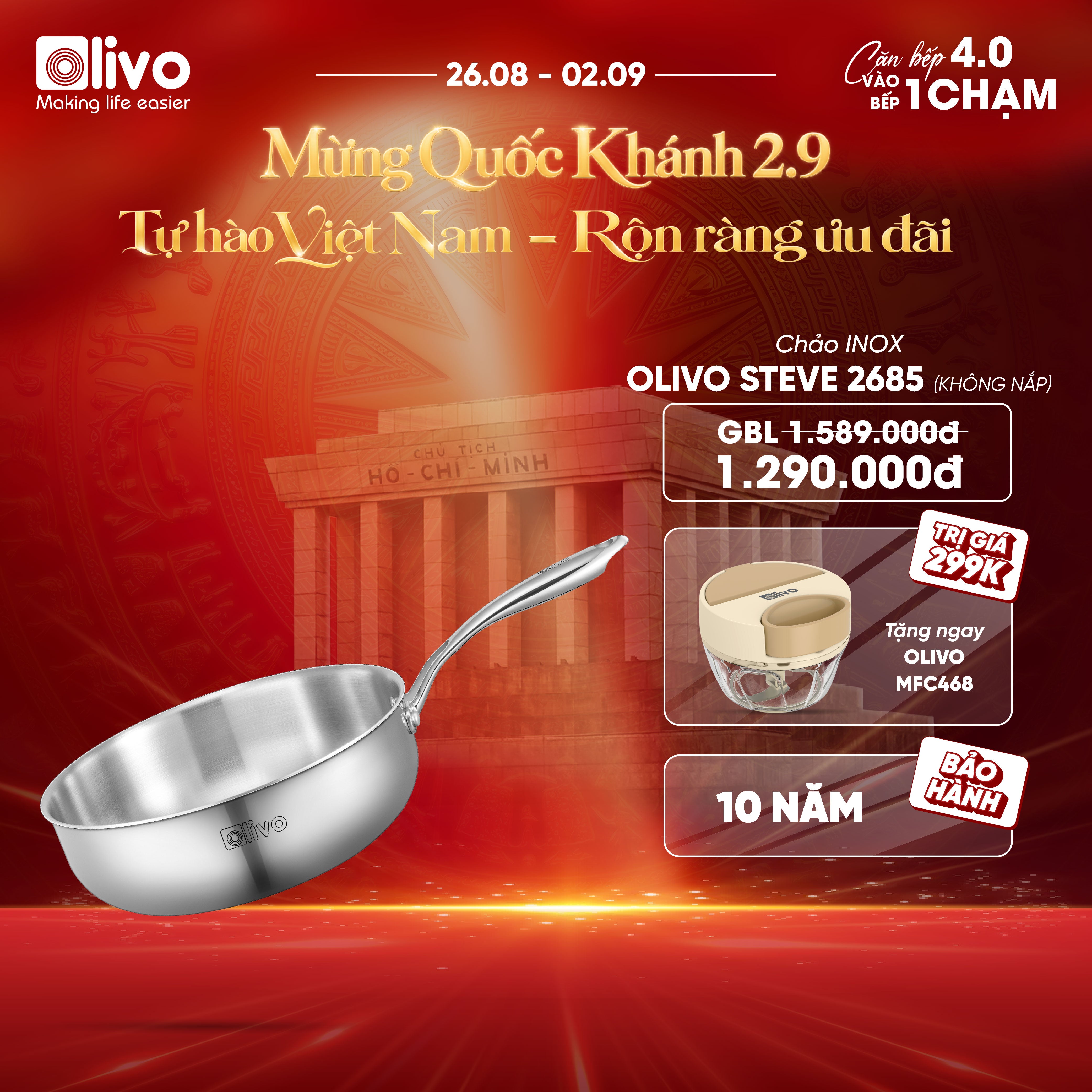 CHẢO INOX OLIVO STEVE 2685 – Chống Dính Tự Nhiên, Đáy 3 Lớp, Đường Kính 26cm, Sâu 8.5cm – Nấu Được Trên Mọi Loại Bếp