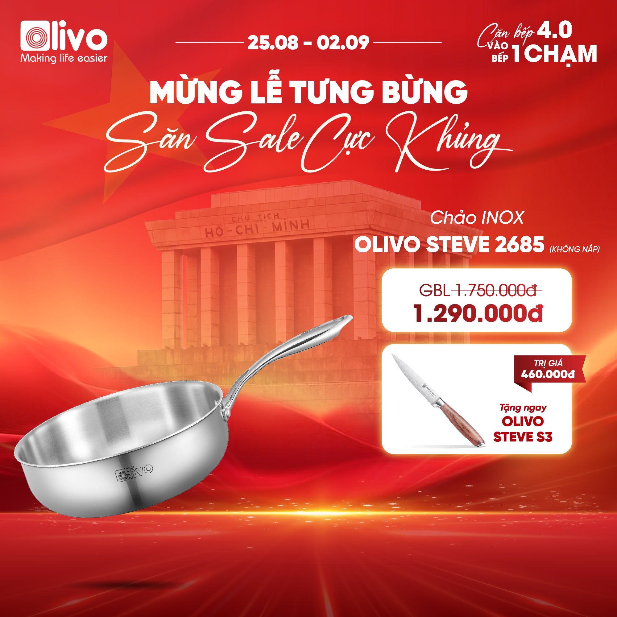 CHẢO INOX OLIVO STEVE 2685 – Chống Dính Tự Nhiên, Đáy 3 Lớp, Đường Kính 26cm, Sâu 8.5cm – Nấu Được Trên Mọi Loại Bếp