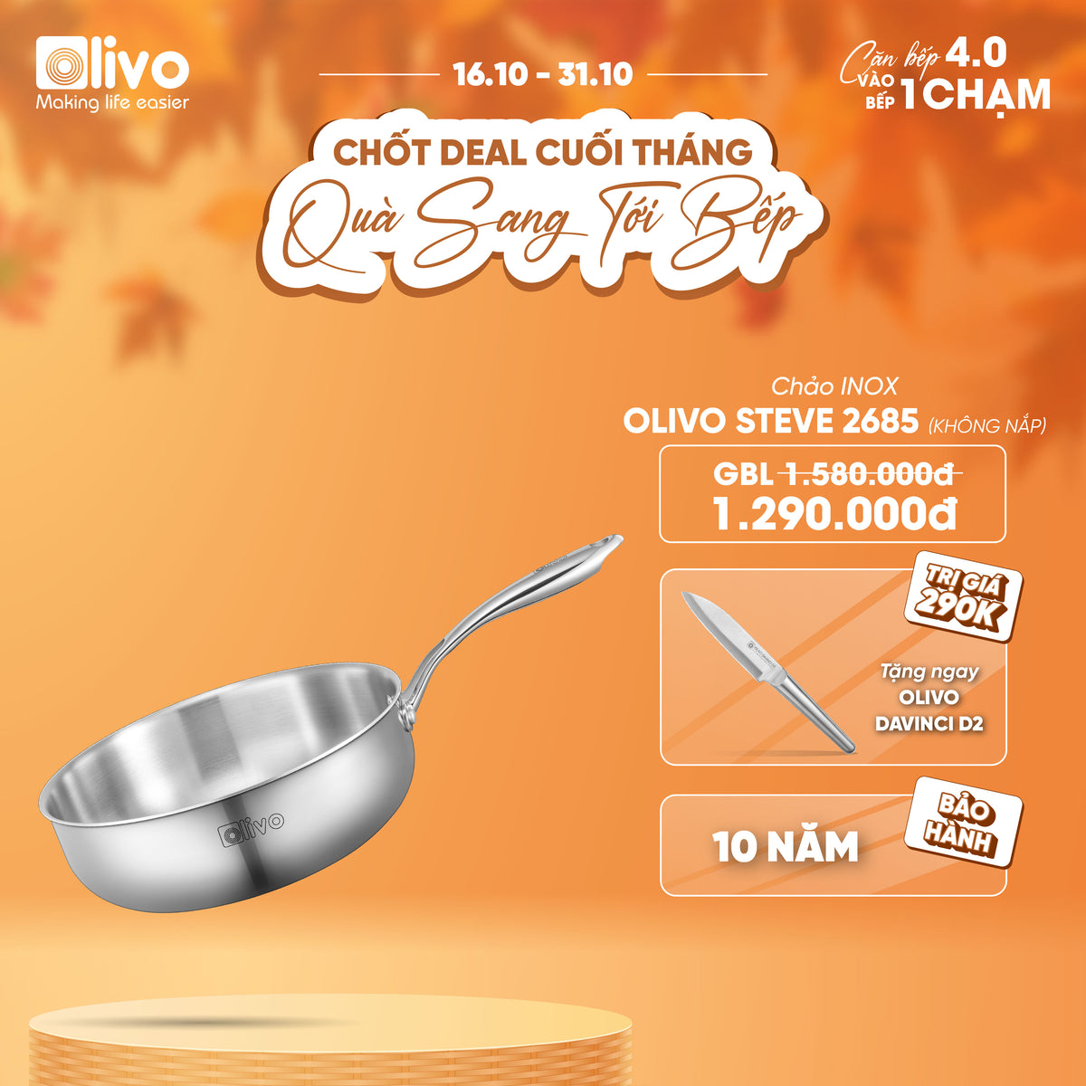 CHẢO INOX OLIVO STEVE 2685 – Chống Dính Tự Nhiên, Đáy 3 Lớp, Đường Kính 26cm, Sâu 8.5cm – Nấu Được Trên Mọi Loại Bếp