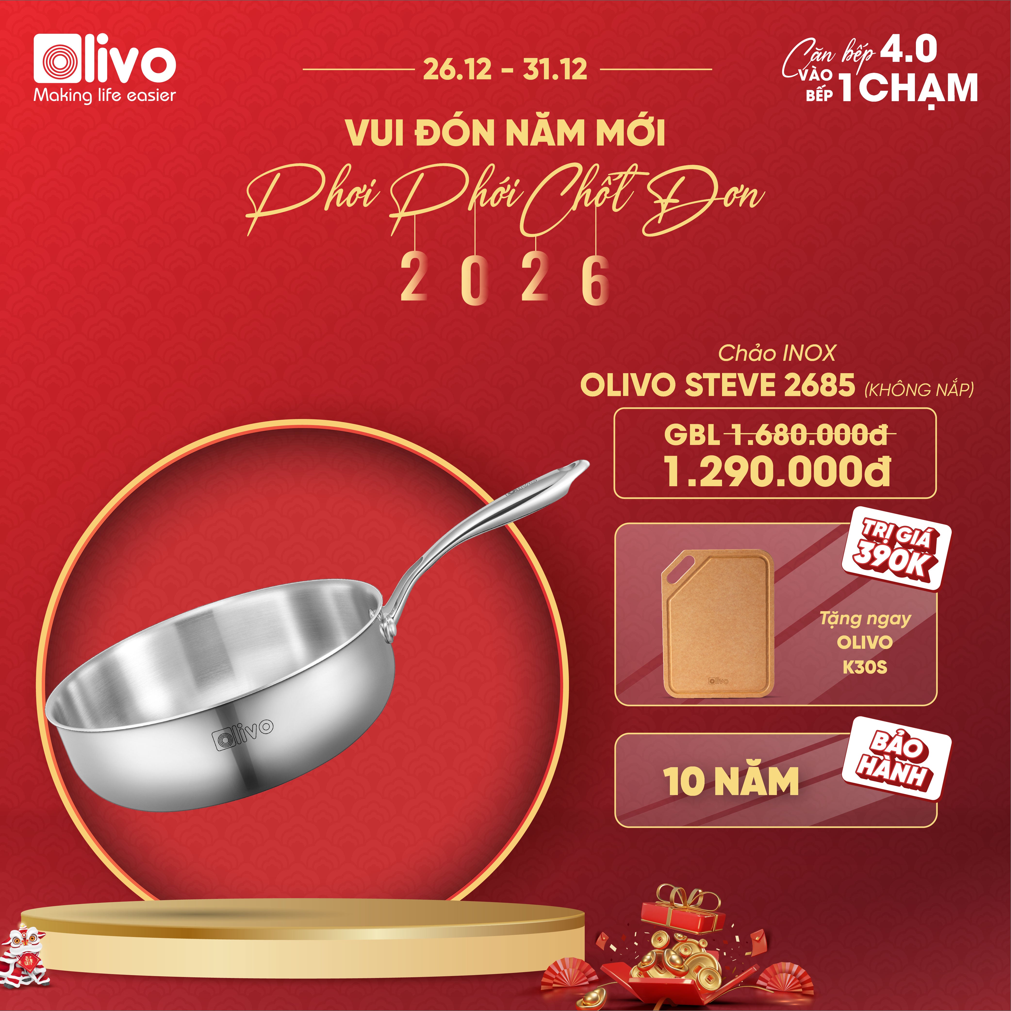 CHẢO INOX OLIVO STEVE 2685 – Chống Dính Tự Nhiên, Đáy 3 Lớp, Đường Kính 26cm, Sâu 8.5cm – Nấu Được Trên Mọi Loại Bếp