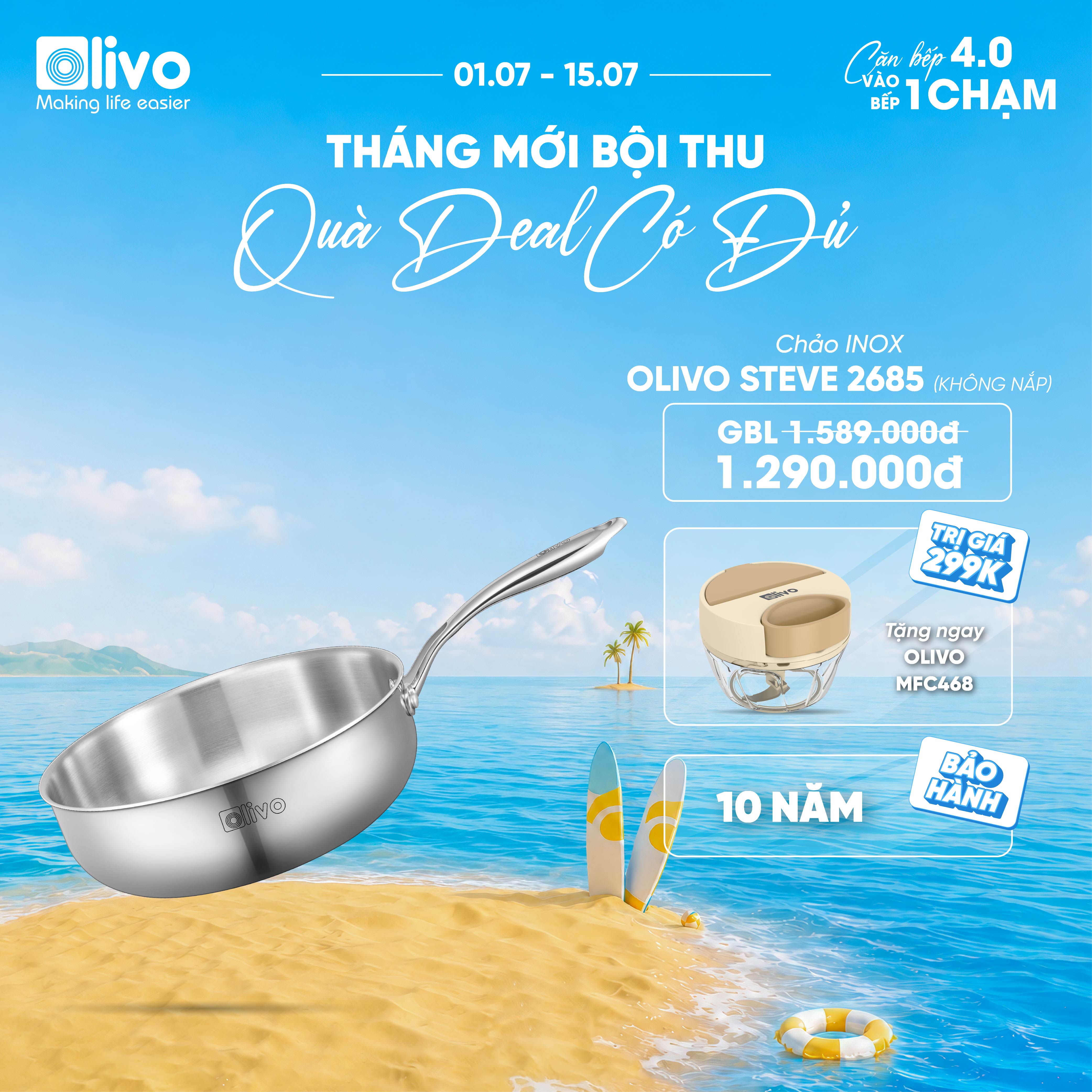 CHẢO INOX OLIVO STEVE 2685 – Chống Dính Tự Nhiên, Đáy 3 Lớp, Đường Kính 26cm, Sâu 8.5cm – Nấu Được Trên Mọi Loại Bếp