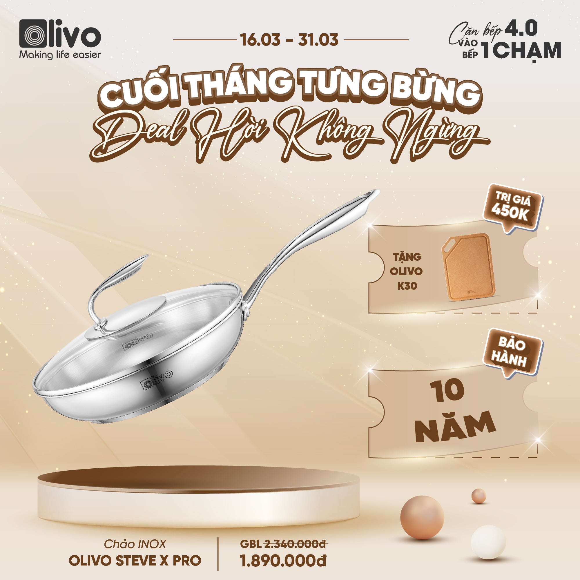 Chảo INOX OLIVO STEVE X PRO - Chống Dính Tự Nhiên, Đáy 5 Lớp, Đường Kính 24cm – Nấu Được Trên Mọi Loại Bếp