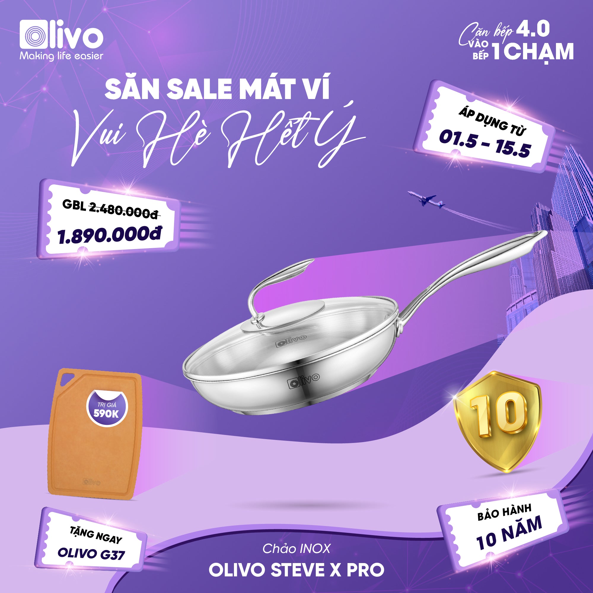 Chảo INOX OLIVO STEVE X PRO - Chống Dính Tự Nhiên, Đáy 5 Lớp, Đường Kính 24cm – Nấu Được Trên Mọi Loại Bếp