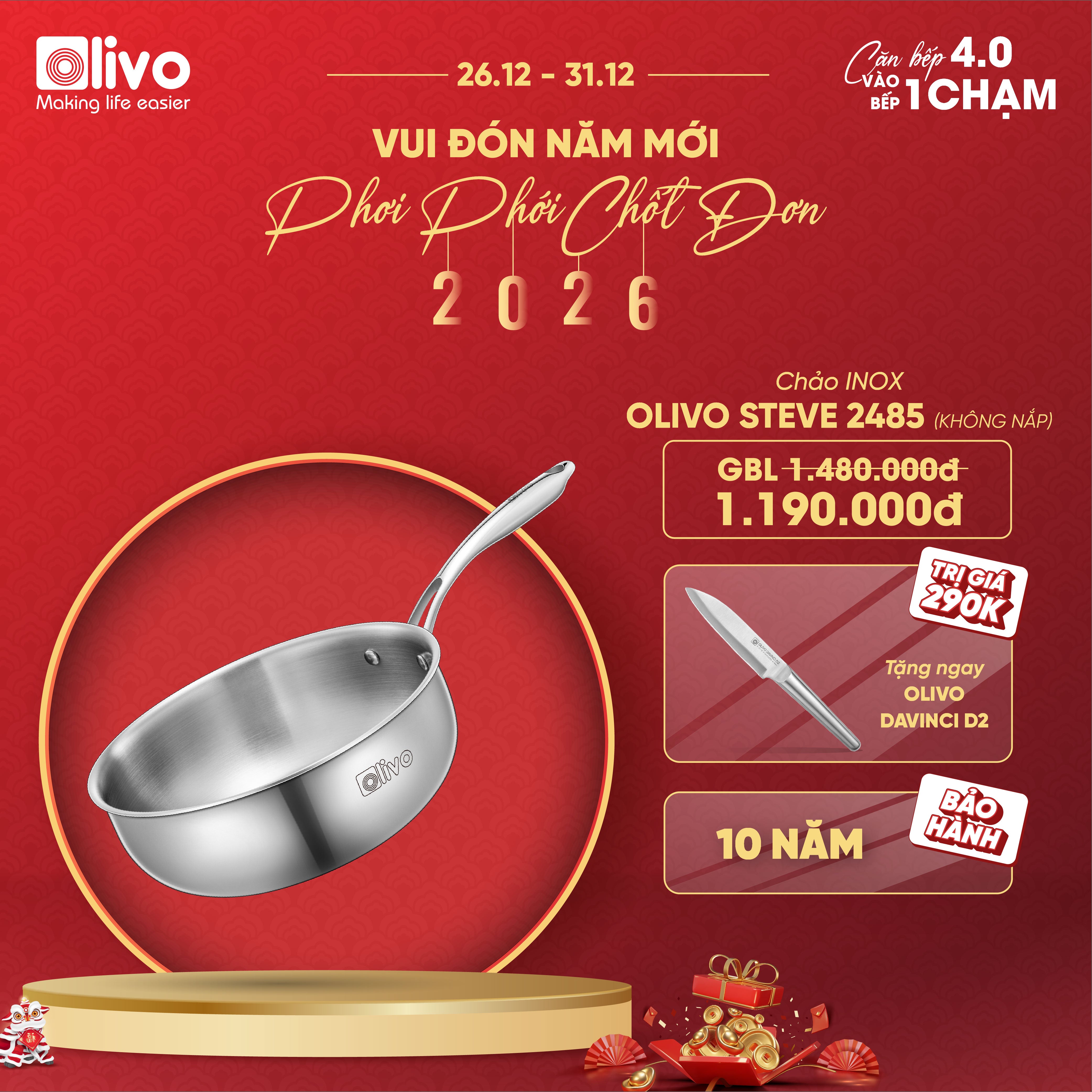 Chảo INOX OLIVO STEVE 2485 – Chống Dính Tự Nhiên, Đáy 4 Lớp, Đường Kính 24cm, Sâu Lòng 8.5cm, Nấu Được Trên Mọi Loại Bếp