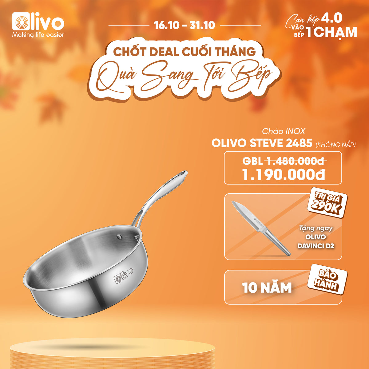 Chảo INOX OLIVO STEVE 2485 – Chống Dính Tự Nhiên, Đáy 4 Lớp, Đường Kính 24cm, Sâu Lòng 8.5cm, Nấu Được Trên Mọi Loại Bếp