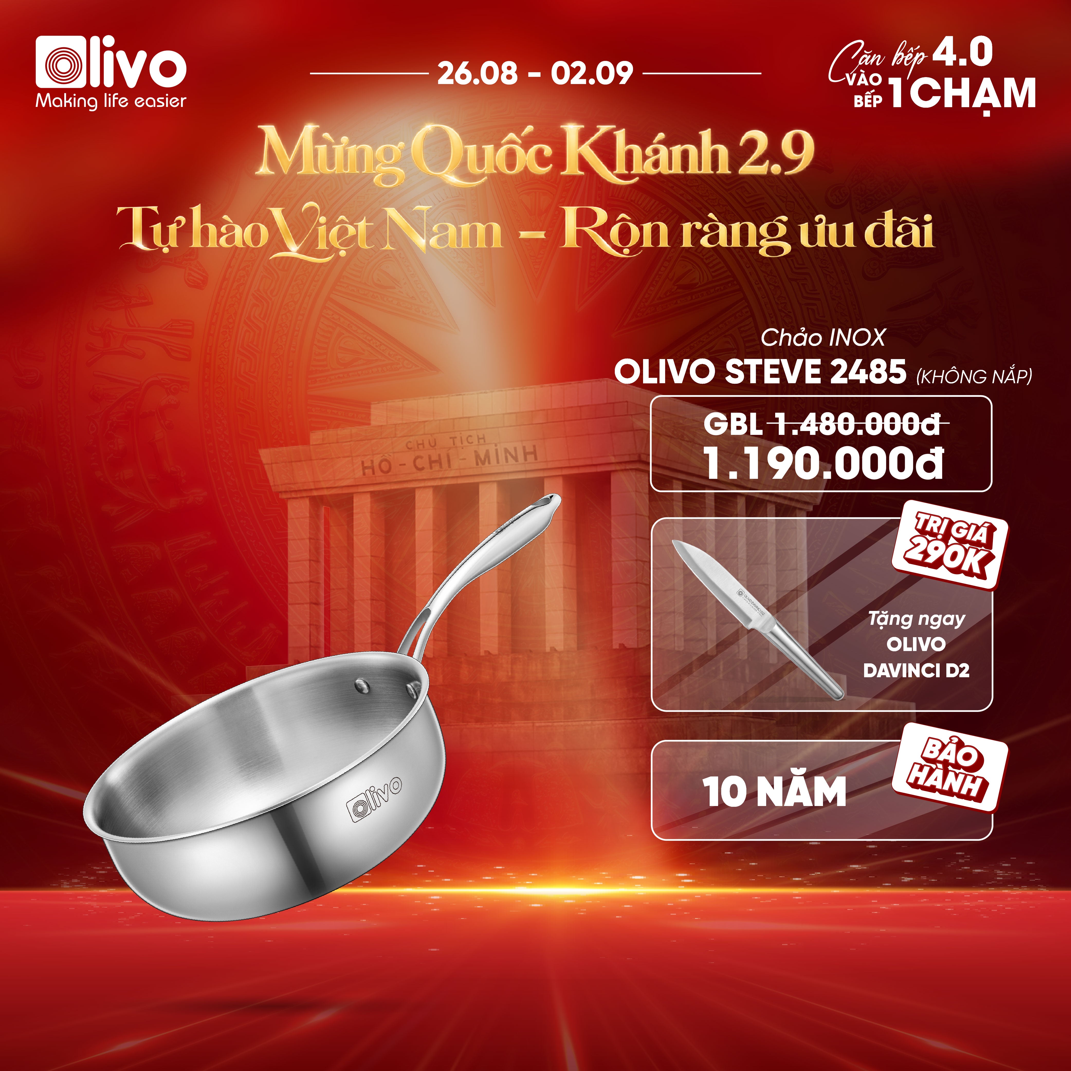 Chảo INOX OLIVO STEVE 2485 – Chống Dính Tự Nhiên, Đáy 4 Lớp, Đường Kính 24cm, Sâu Lòng 8.5cm, Nấu Được Trên Mọi Loại Bếp