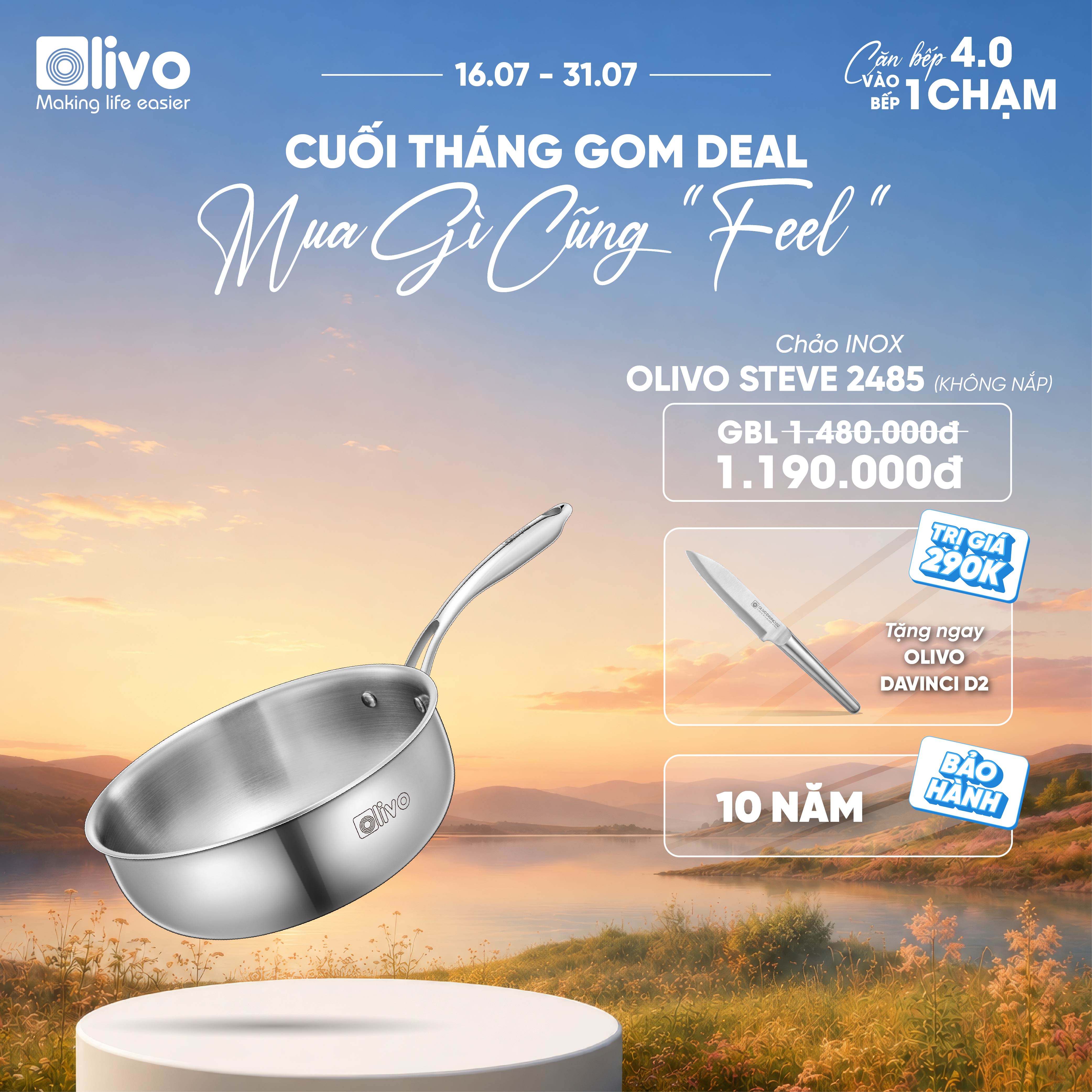 Chảo INOX OLIVO STEVE 2485 – Chống Dính Tự Nhiên, Đáy 4 Lớp, Đường Kính 24cm, Sâu Lòng 8.5cm, Nấu Được Trên Mọi Loại Bếp