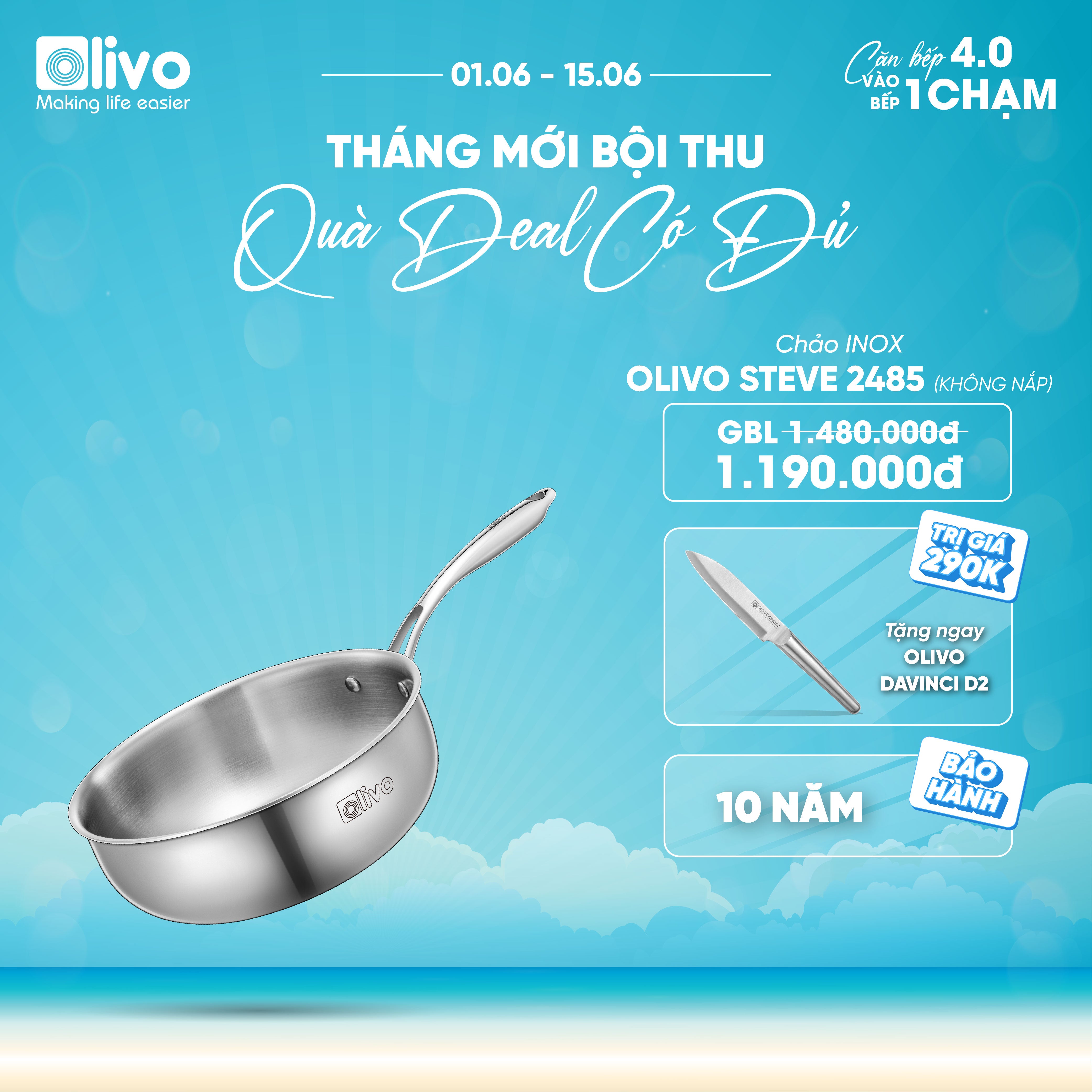 Chảo INOX OLIVO STEVE 2485 – Chống Dính Tự Nhiên, Đáy 4 Lớp, Đường Kính 24cm, Sâu Lòng 8.5cm, Nấu Được Trên Mọi Loại Bếp