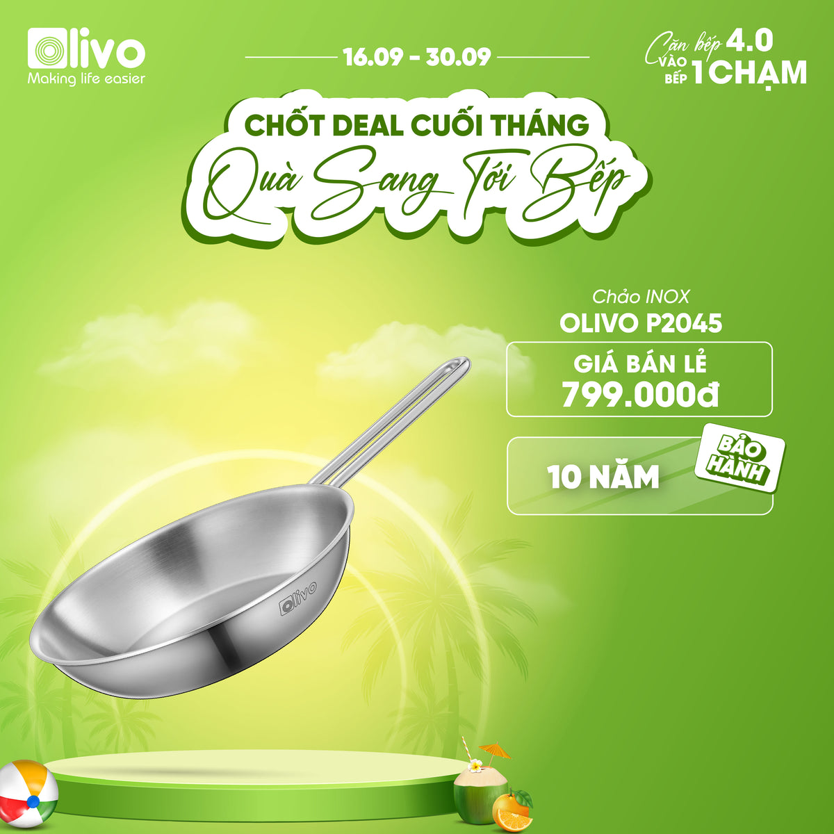 CHẢO INOX OLIVO P2045 – Chống Dính Tự Nhiên, Đáy 3 Lớp, Đường Kính 20cm, Sâu Lòng 4.5cm, Nấu Được Trên Mọi Loại Bếp
