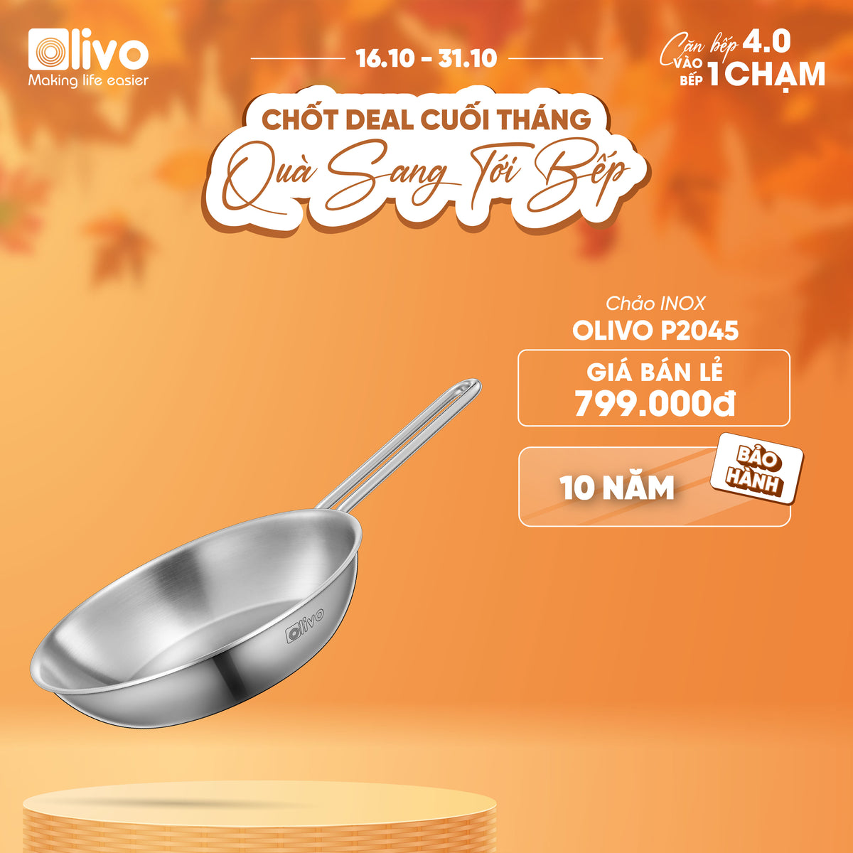 CHẢO INOX OLIVO P2045 – Chống Dính Tự Nhiên, Đáy 3 Lớp, Đường Kính 20cm, Sâu Lòng 4.5cm, Nấu Được Trên Mọi Loại Bếp