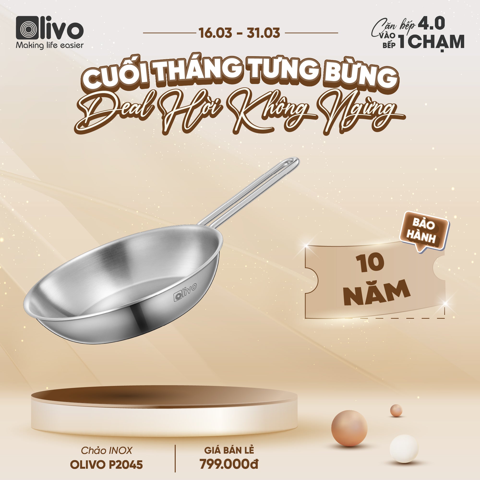 CHẢO INOX OLIVO P2045 – Chống Dính Tự Nhiên, Đáy 3 Lớp, Đường Kính 20cm, Sâu Lòng 4.5cm, Nấu Được Trên Mọi Loại Bếp