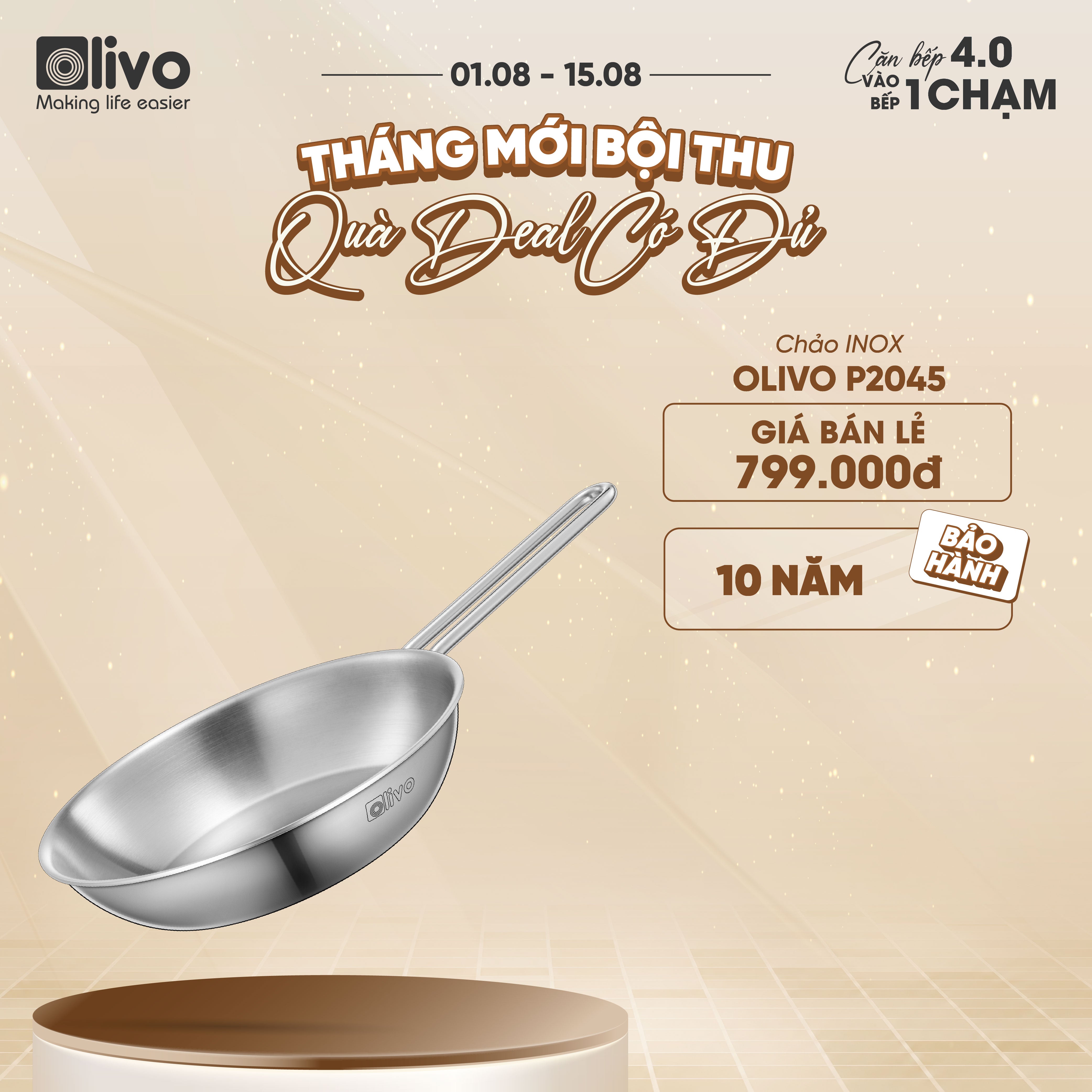 CHẢO INOX OLIVO P2045 – Chống Dính Tự Nhiên, Đáy 3 Lớp, Đường Kính 20cm, Sâu Lòng 4.5cm, Nấu Được Trên Mọi Loại Bếp