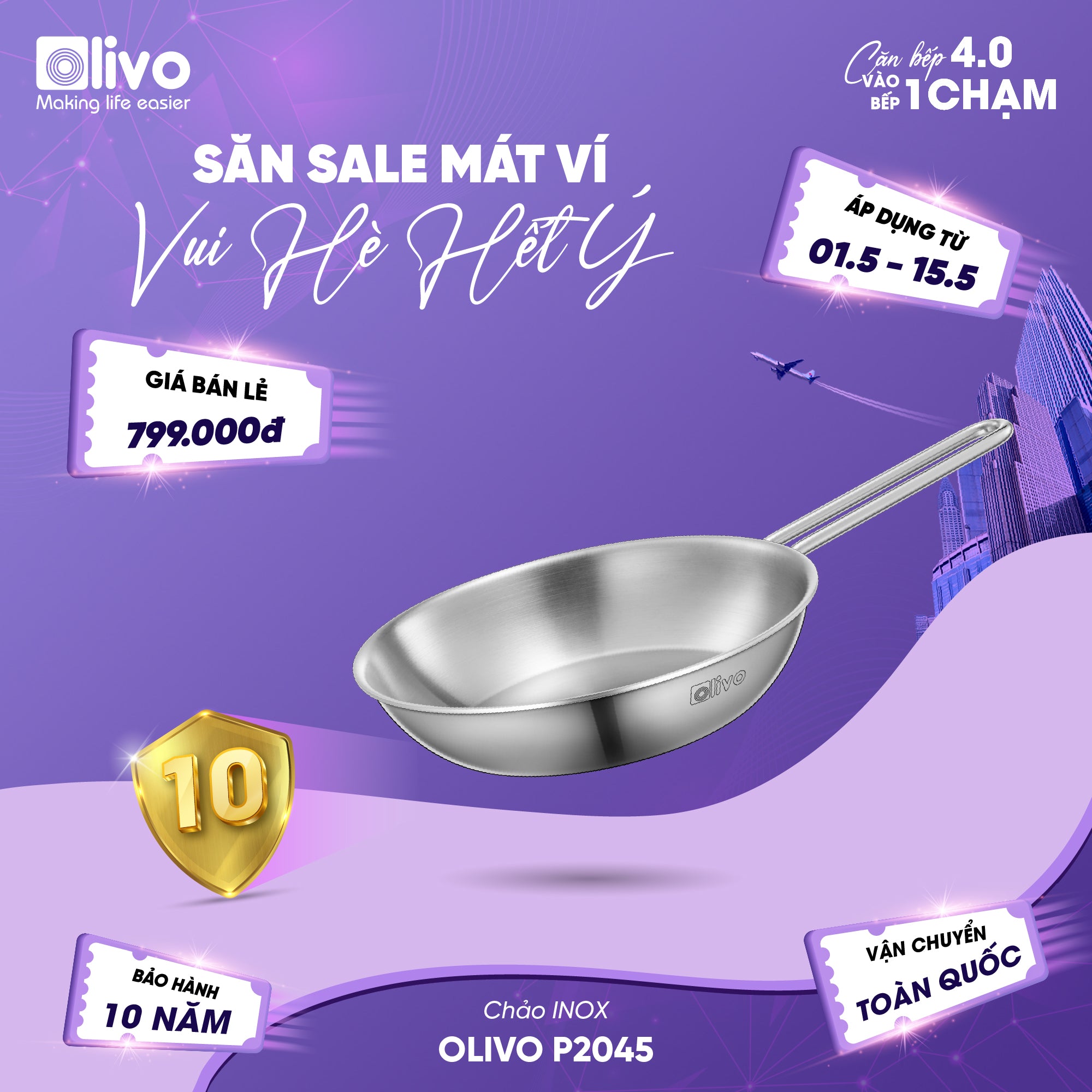 CHẢO INOX OLIVO P2045 – Chống Dính Tự Nhiên, Đáy 3 Lớp, Đường Kính 20cm, Sâu Lòng 4.5cm, Nấu Được Trên Mọi Loại Bếp