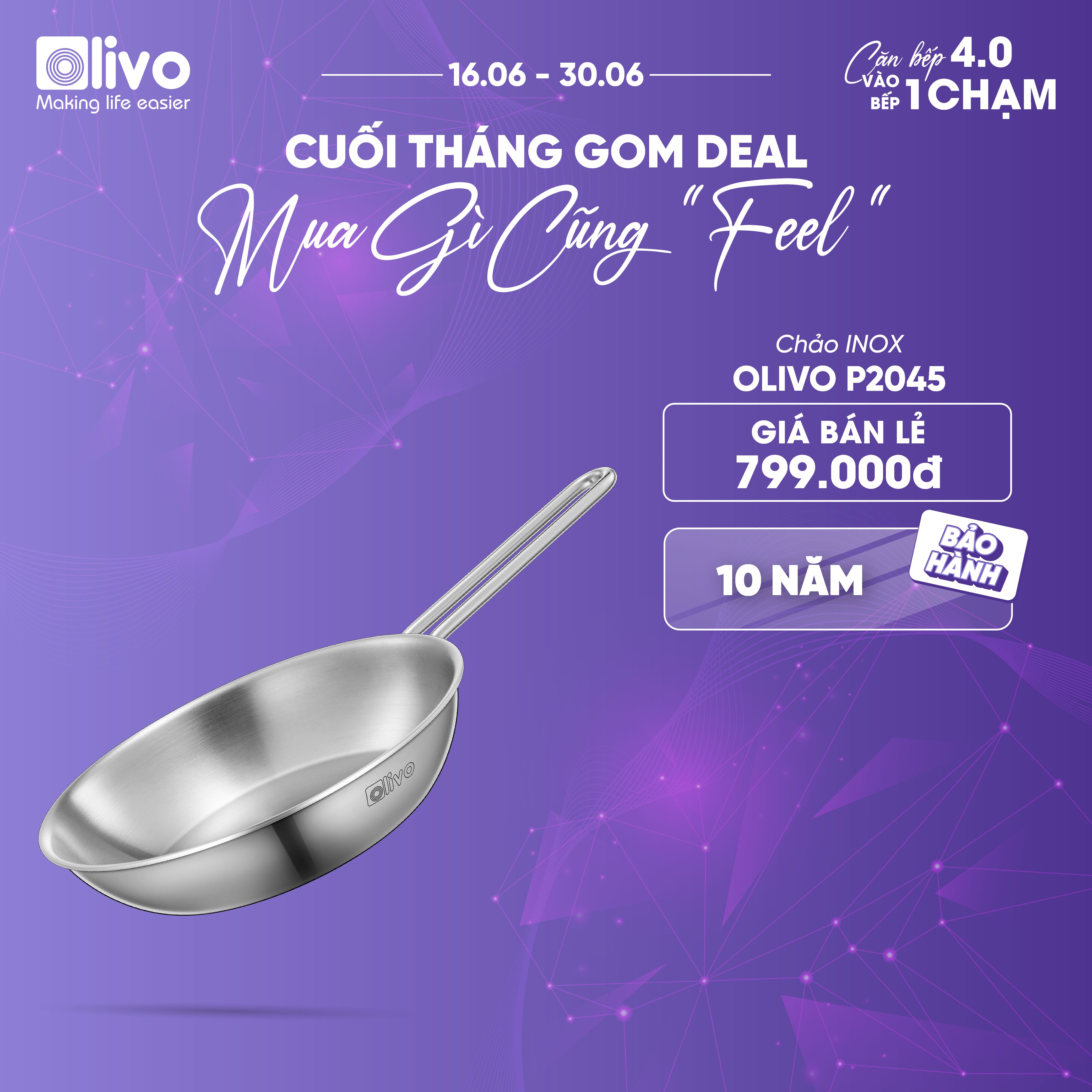 CHẢO INOX OLIVO P2045 – Chống Dính Tự Nhiên, Đáy 3 Lớp, Đường Kính 20cm, Sâu Lòng 4.5cm, Nấu Được Trên Mọi Loại Bếp