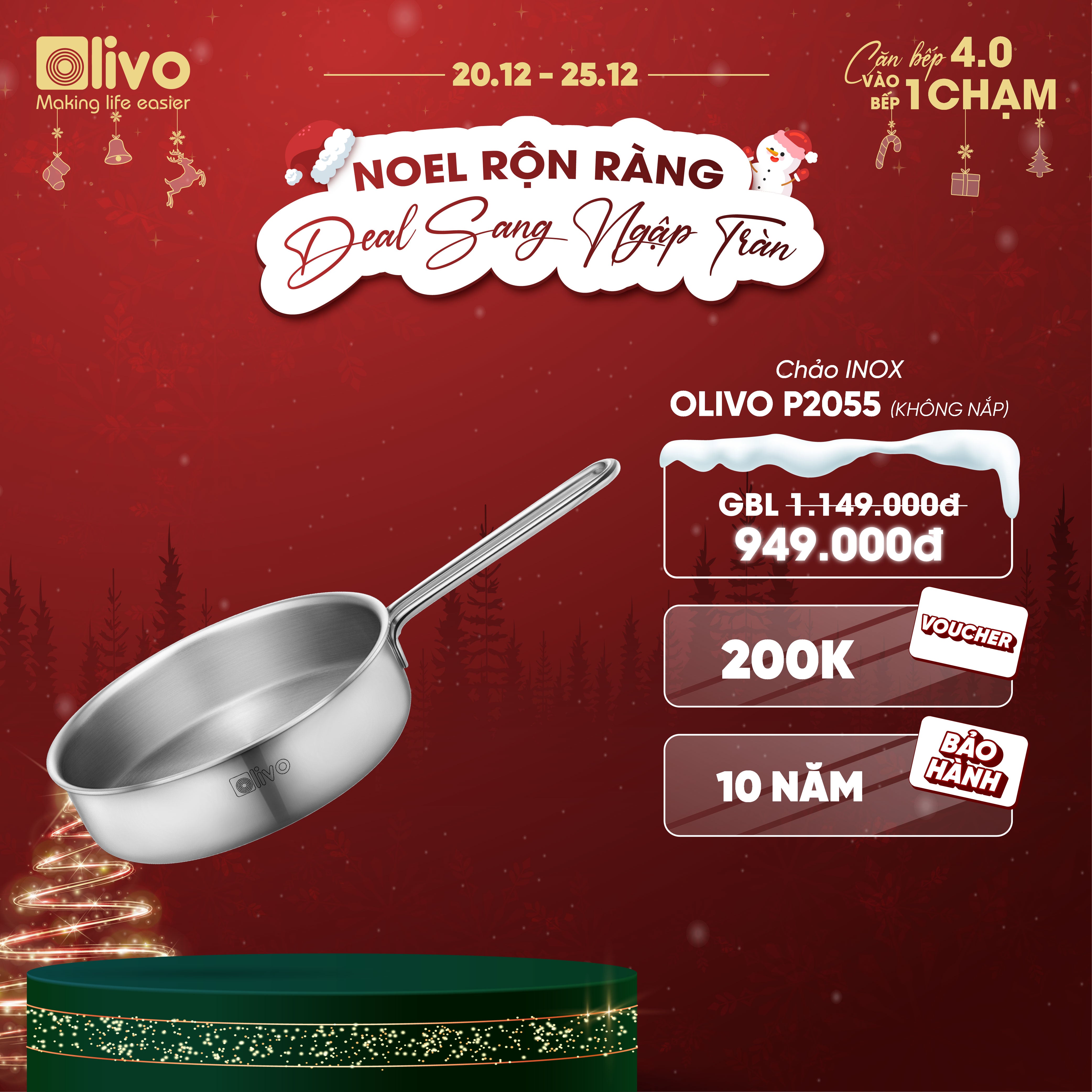 CHẢO INOX OLIVO P2055 – Chống Dính Tự Nhiên, Đường Kính 20cm, Sâu Lòng 5.5cm, Nấu Được Trên Mọi Loại Bếp