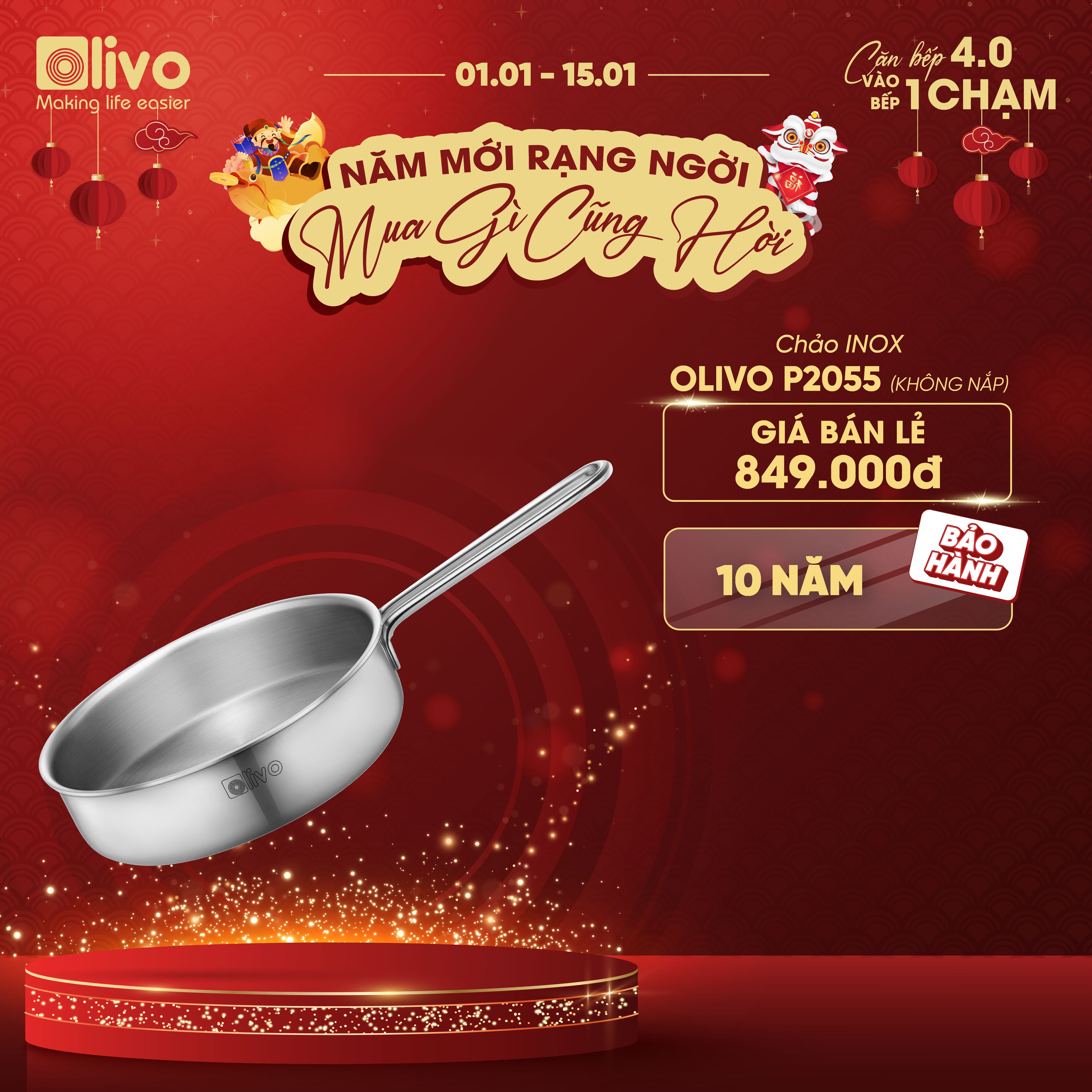 CHẢO INOX OLIVO P2055 – Chống Dính Tự Nhiên, Đường Kính 20cm, Sâu Lòng 5.5cm, Nấu Được Trên Mọi Loại Bếp