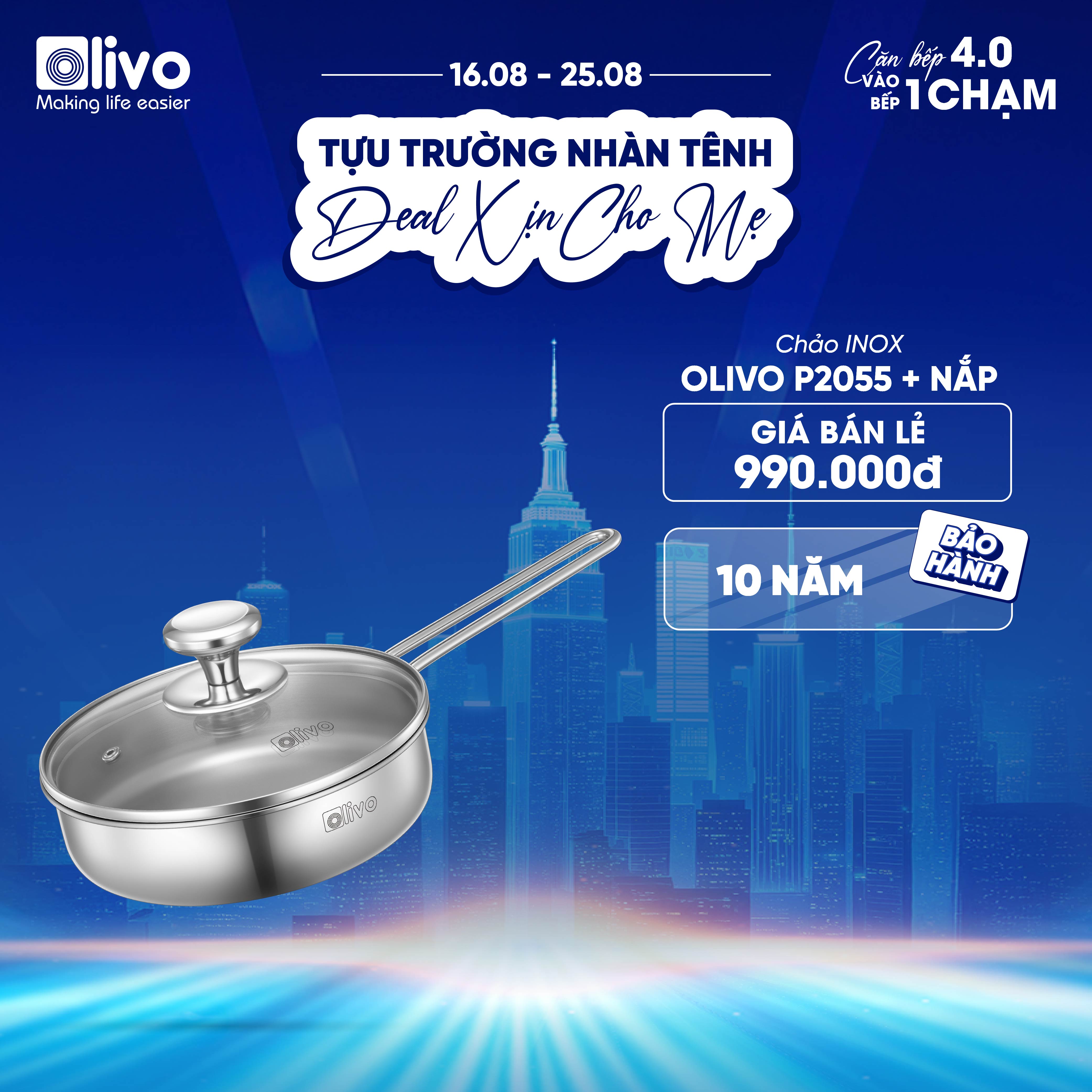 CHẢO INOX OLIVO P2055 – Chống Dính Tự Nhiên, Đường Kính 20cm, Sâu Lòng 5.5cm, Nấu Được Trên Mọi Loại Bếp
