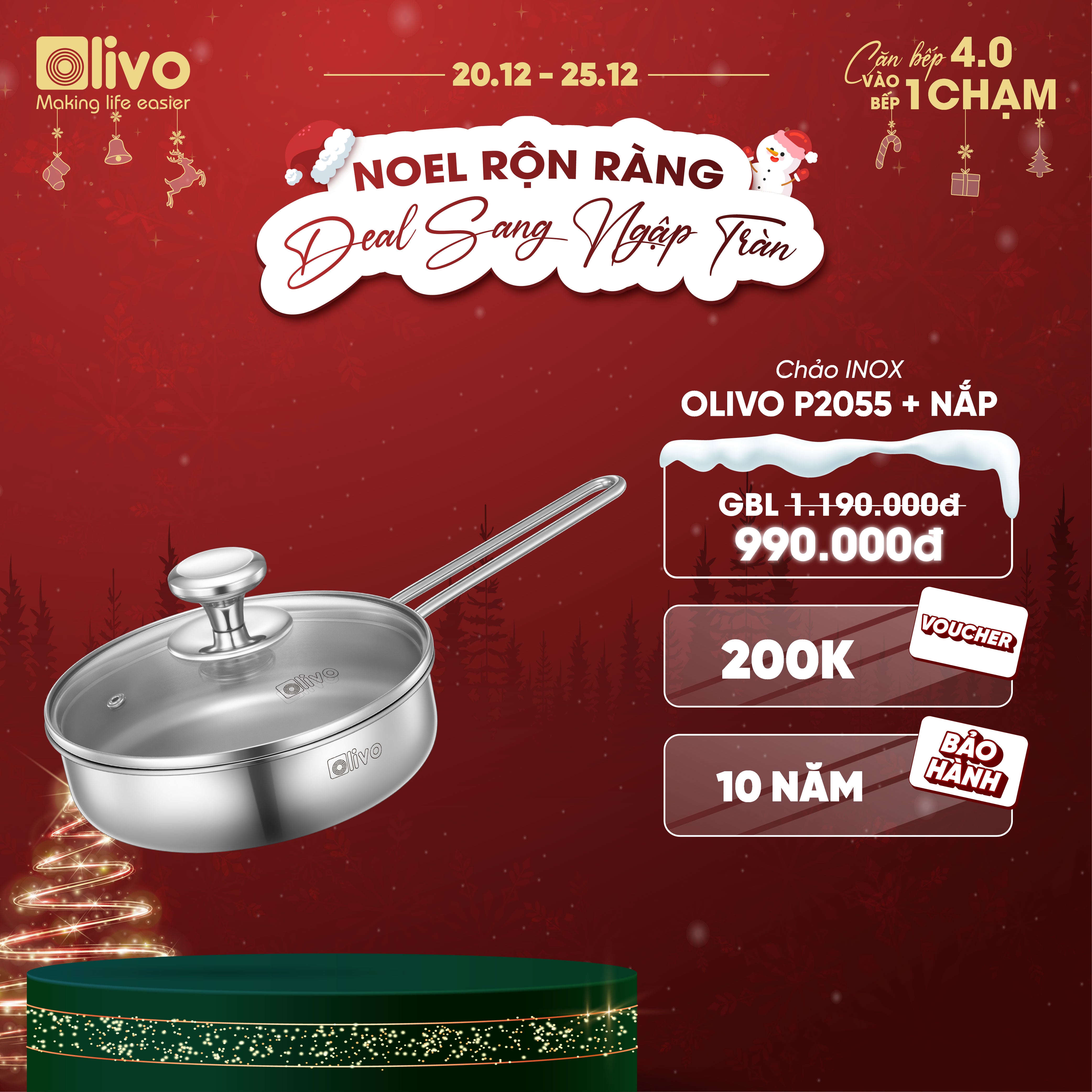 CHẢO INOX OLIVO P2055 – Chống Dính Tự Nhiên, Đường Kính 20cm, Sâu Lòng 5.5cm, Nấu Được Trên Mọi Loại Bếp