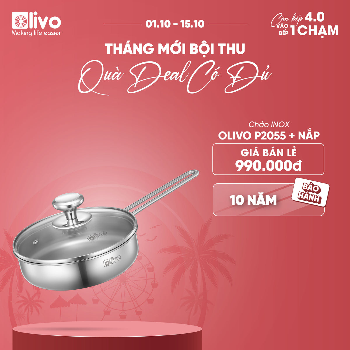 CHẢO INOX OLIVO P2055 – Chống Dính Tự Nhiên, Đường Kính 20cm, Sâu Lòng 5.5cm, Nấu Được Trên Mọi Loại Bếp