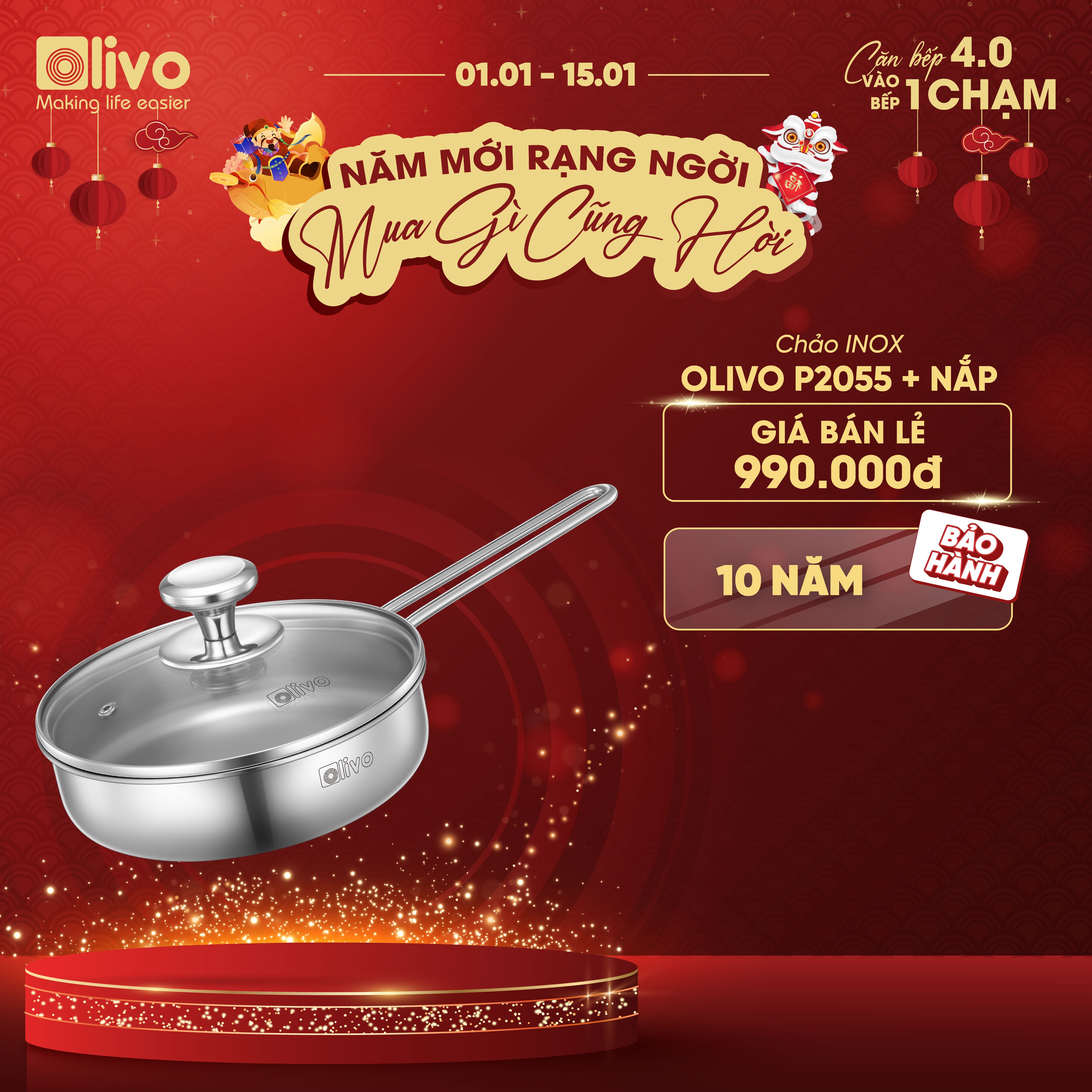 CHẢO INOX OLIVO P2055 – Chống Dính Tự Nhiên, Đường Kính 20cm, Sâu Lòng 5.5cm, Nấu Được Trên Mọi Loại Bếp
