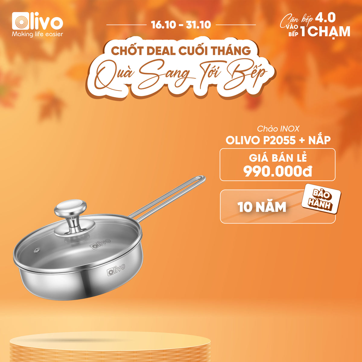 CHẢO INOX OLIVO P2055 – Chống Dính Tự Nhiên, Đường Kính 20cm, Sâu Lòng 5.5cm, Nấu Được Trên Mọi Loại Bếp