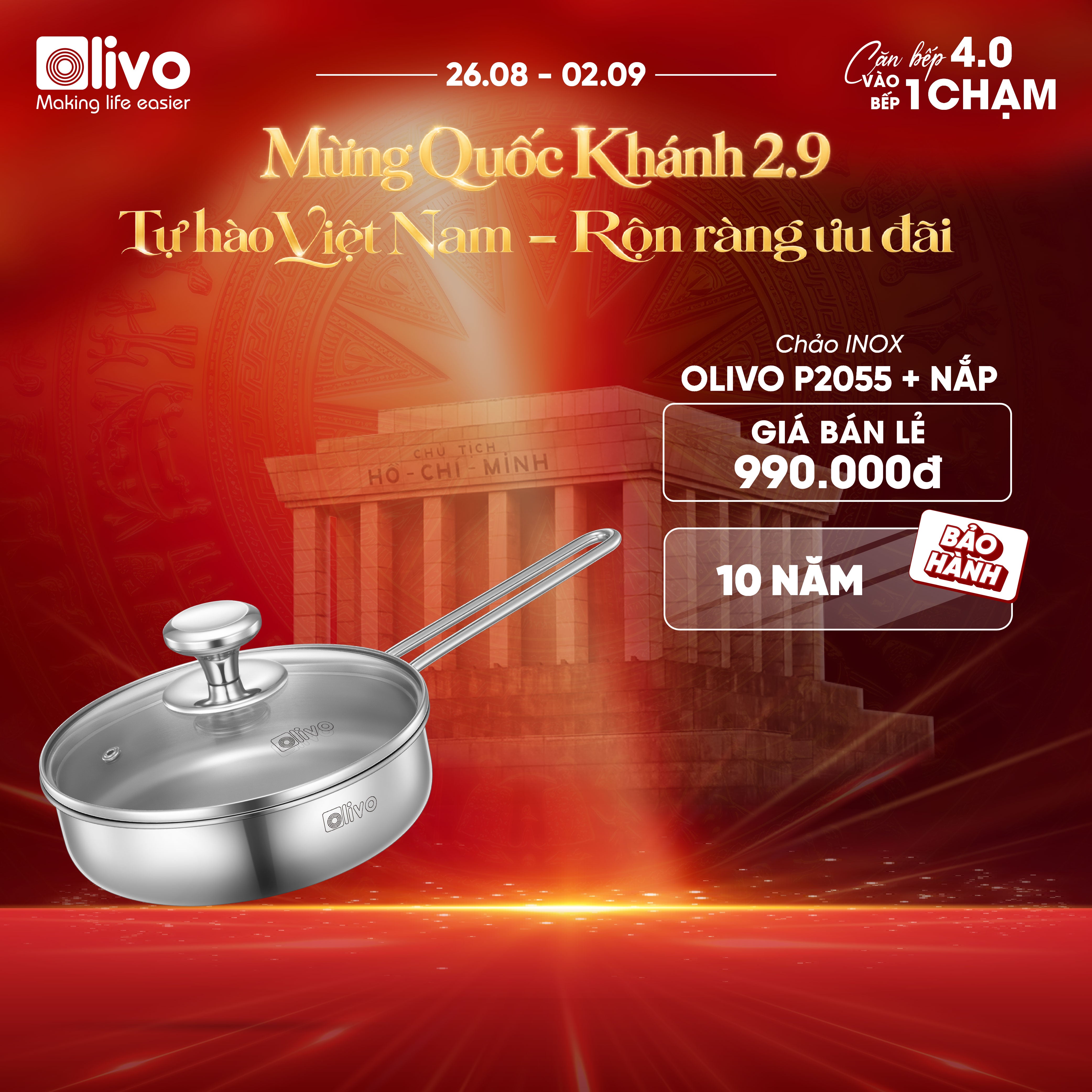 CHẢO INOX OLIVO P2055 – Chống Dính Tự Nhiên, Đường Kính 20cm, Sâu Lòng 5.5cm, Nấu Được Trên Mọi Loại Bếp