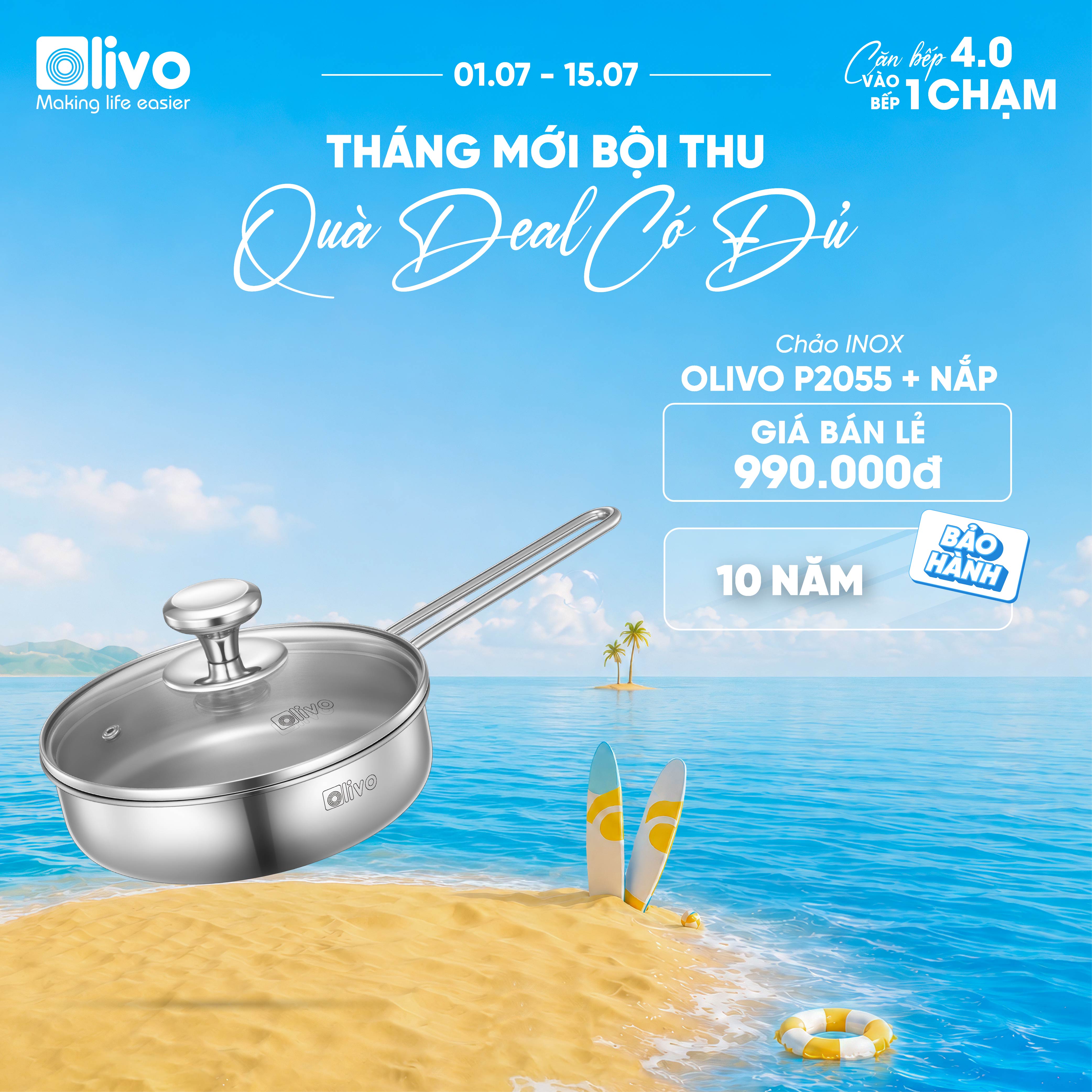 CHẢO INOX OLIVO P2055 – Chống Dính Tự Nhiên, Đường Kính 20cm, Sâu Lòng 5.5cm, Nấu Được Trên Mọi Loại Bếp