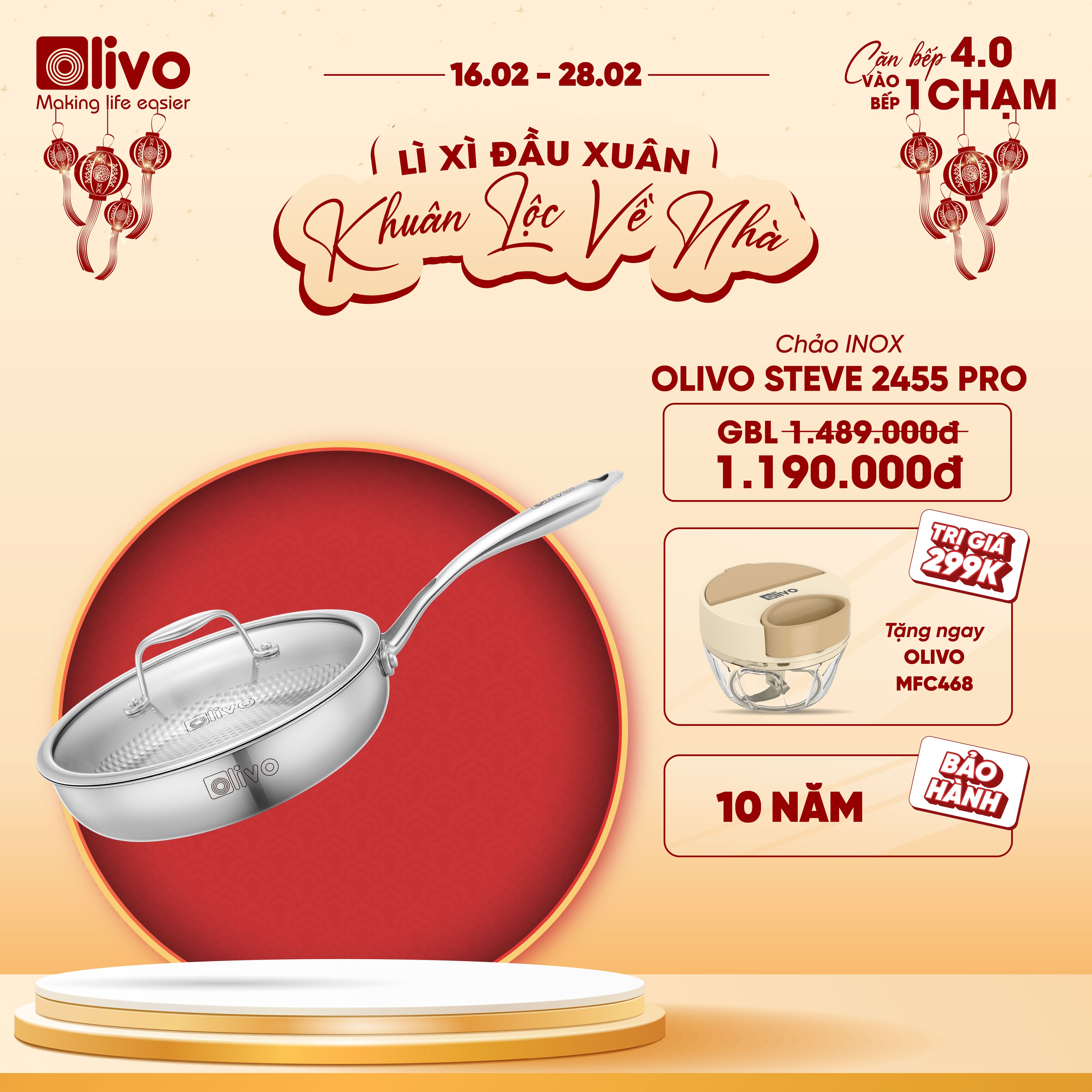 Chảo INOX OLIVO STEVE 2455 PRO - Lòng Chảo Vân Tròn - Chống Dính Tự Nhiên - Đường Kính 24Cm - Sâu Lòng 5.5Cm - Nấu Được Trên Mọi Loại Bếp