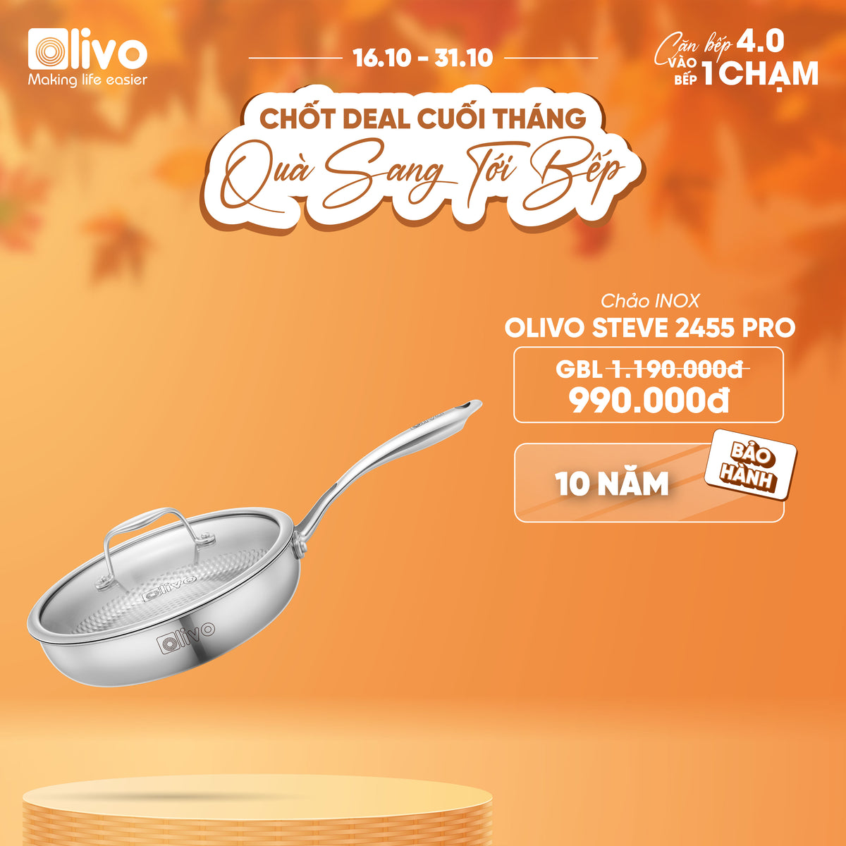 Chảo INOX OLIVO STEVE 2455 PRO - Lòng Chảo Vân Tròn - Chống Dính Tự Nhiên - Đường Kính 24Cm - Sâu Lòng 5.5Cm - Nấu Được Trên Mọi Loại Bếp