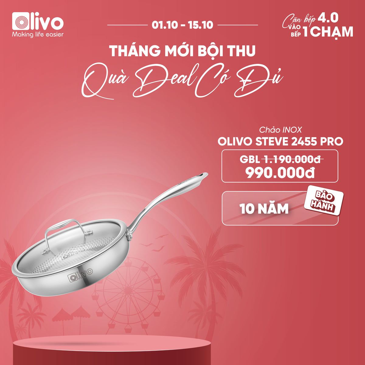Chảo INOX OLIVO STEVE 2455 PRO - Lòng Chảo Vân Tròn - Chống Dính Tự Nhiên - Đường Kính 24Cm - Sâu Lòng 5.5Cm - Nấu Được Trên Mọi Loại Bếp