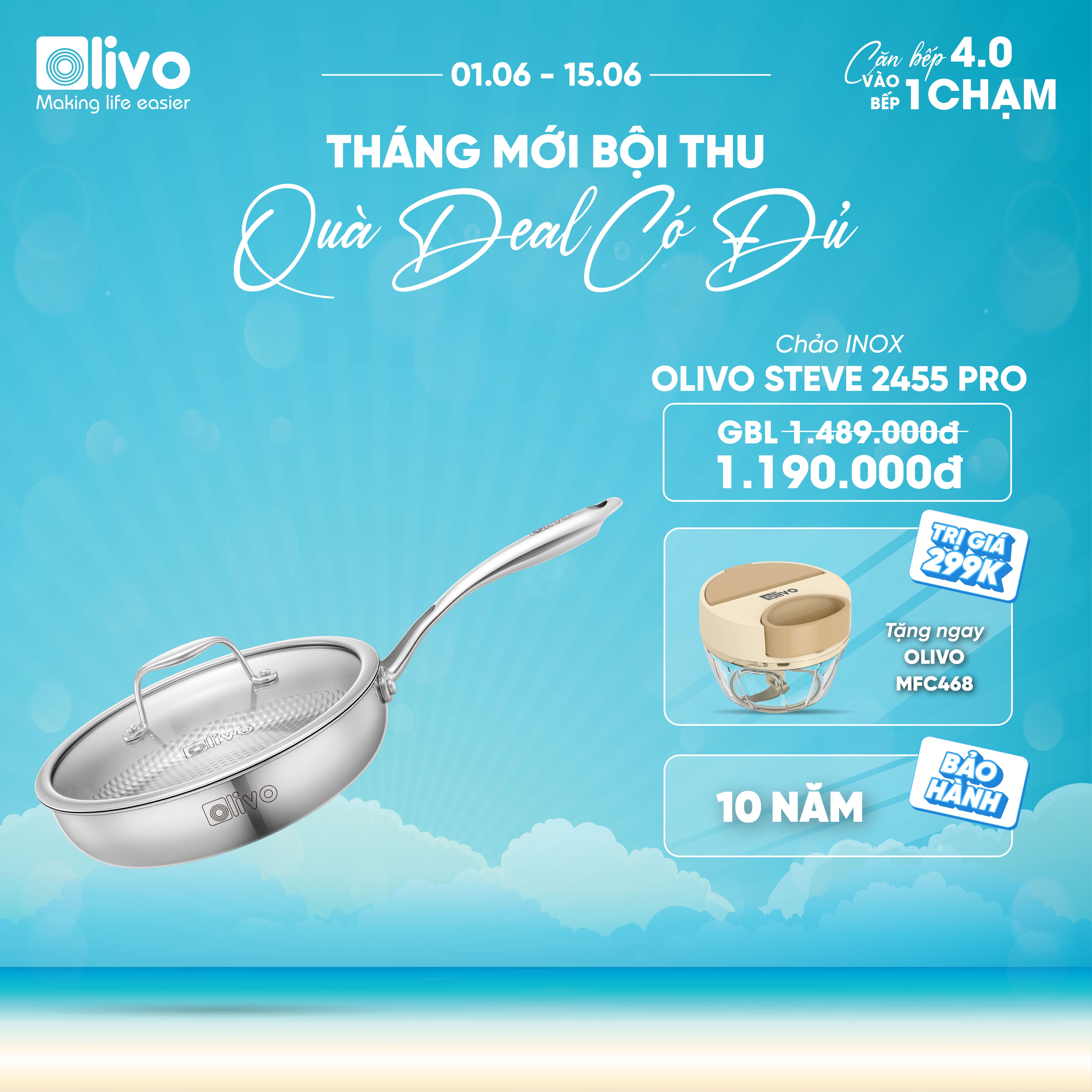Chảo INOX OLIVO STEVE 2455 PRO - Lòng Chảo Vân Tròn - Chống Dính Tự Nhiên - Đường Kính 24Cm - Sâu Lòng 5.5Cm - Nấu Được Trên Mọi Loại Bếp