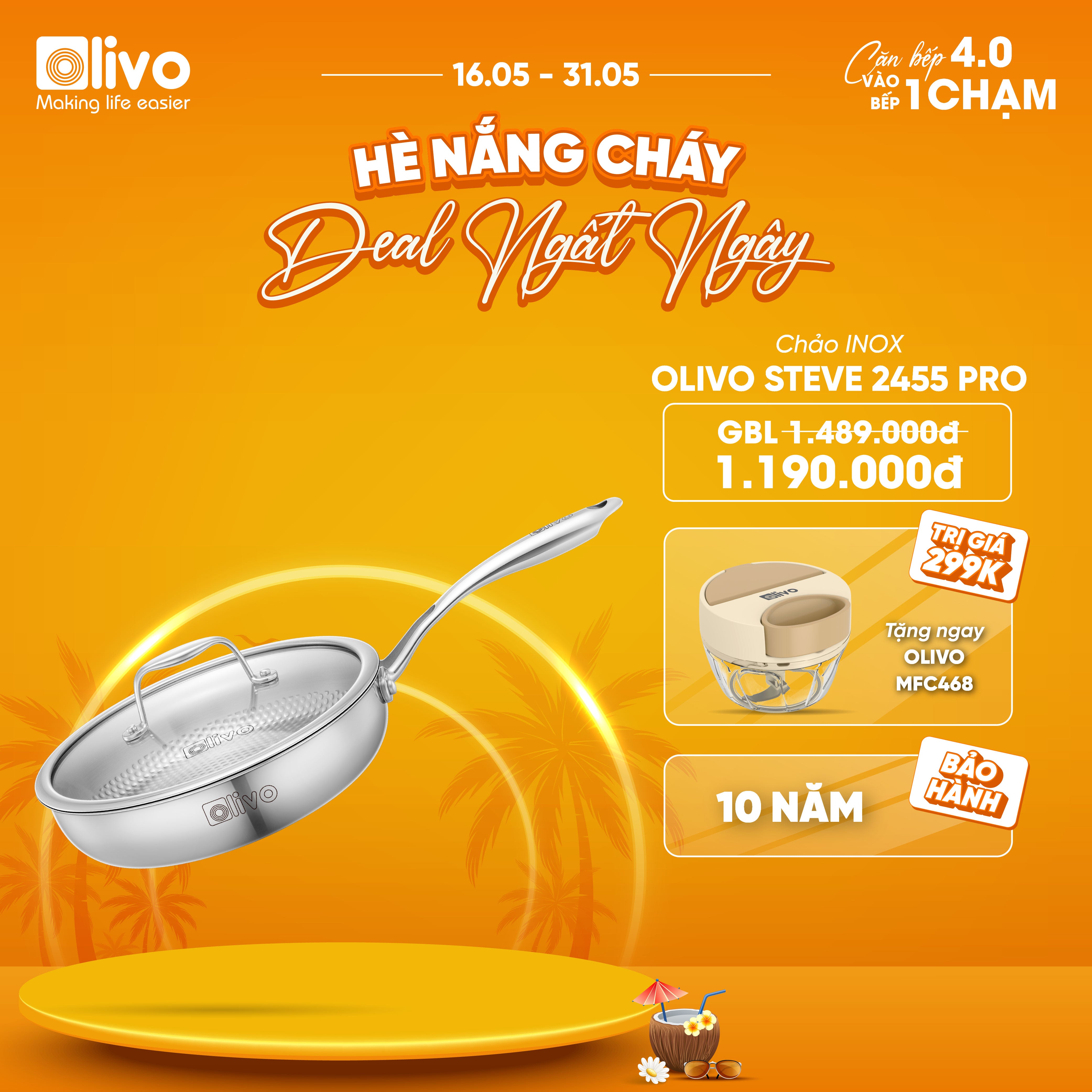 Chảo INOX OLIVO STEVE 2455 PRO - Lòng Chảo Vân Tròn - Chống Dính Tự Nhiên - Đường Kính 24Cm - Sâu Lòng 5.5Cm - Nấu Được Trên Mọi Loại Bếp