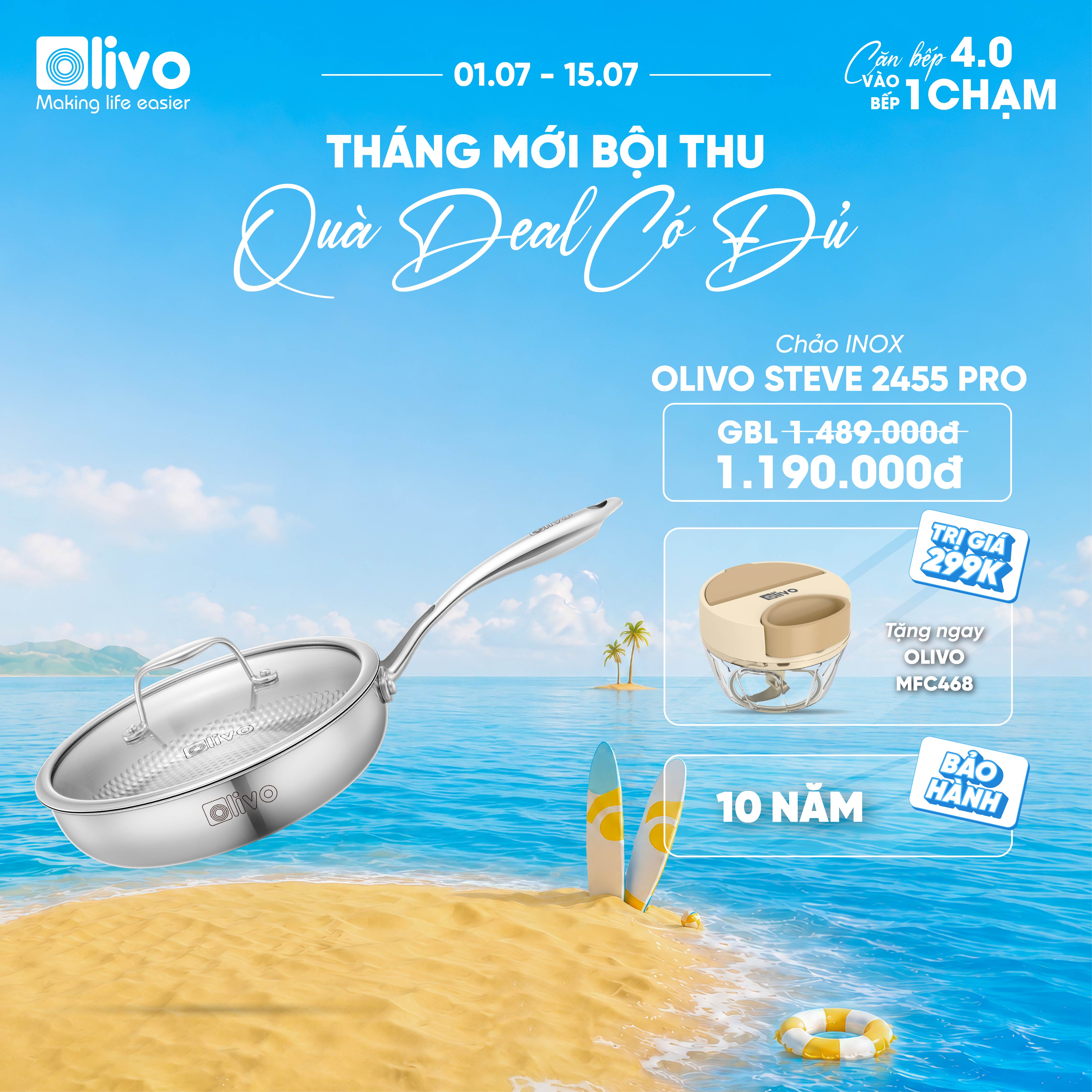 Chảo INOX OLIVO STEVE 2455 PRO - Lòng Chảo Vân Tròn - Chống Dính Tự Nhiên - Đường Kính 24Cm - Sâu Lòng 5.5Cm - Nấu Được Trên Mọi Loại Bếp
