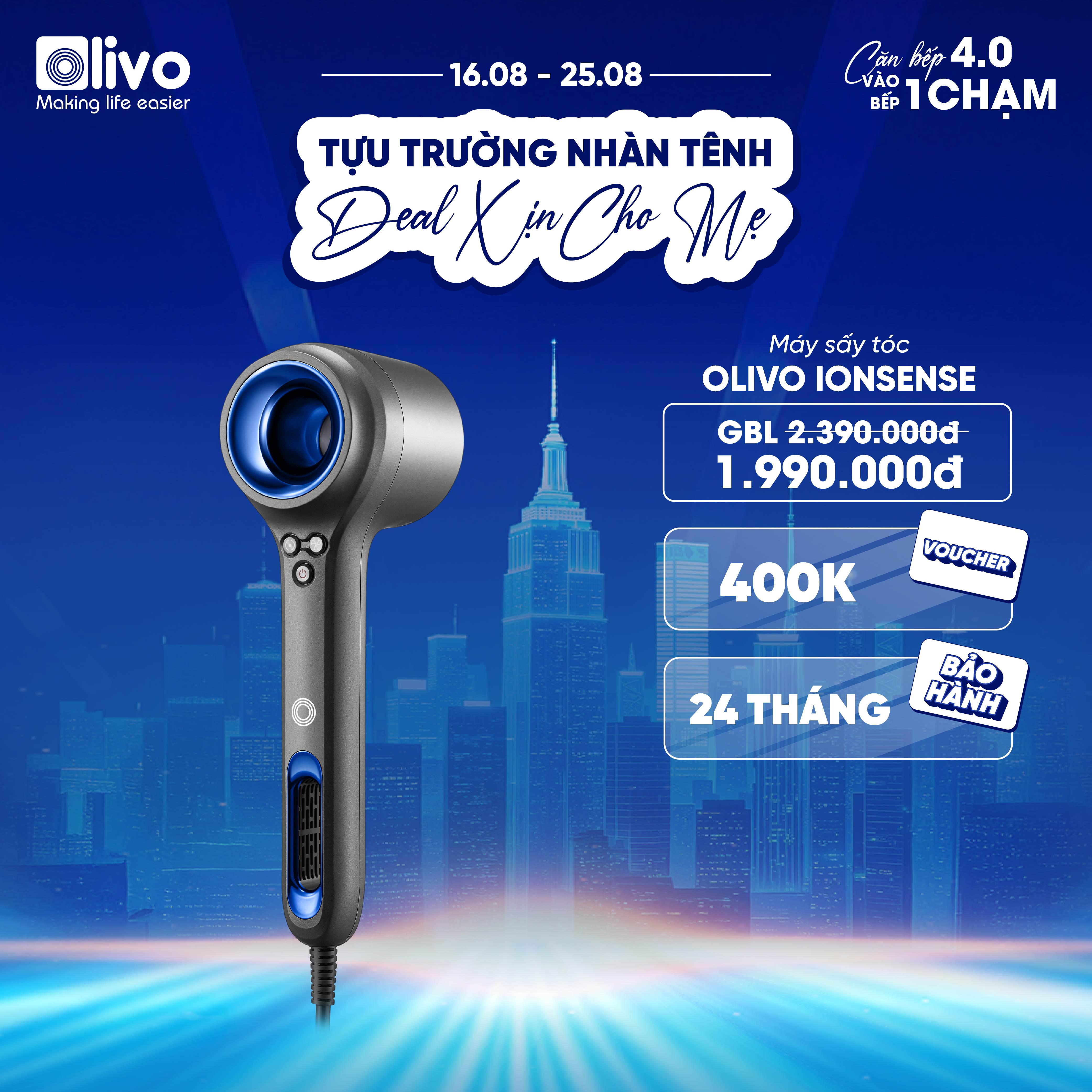 Máy Sấy Tóc OLIVO IonSense - Máy Sấy Tóc Ion Âm Tốc Độ Cao, 9 Chế Độ Sấy, Phụ Kiện Đa Dạng, Cảm Biến Nhiệt Thông Minh, Màu Sắc Sang Trọng