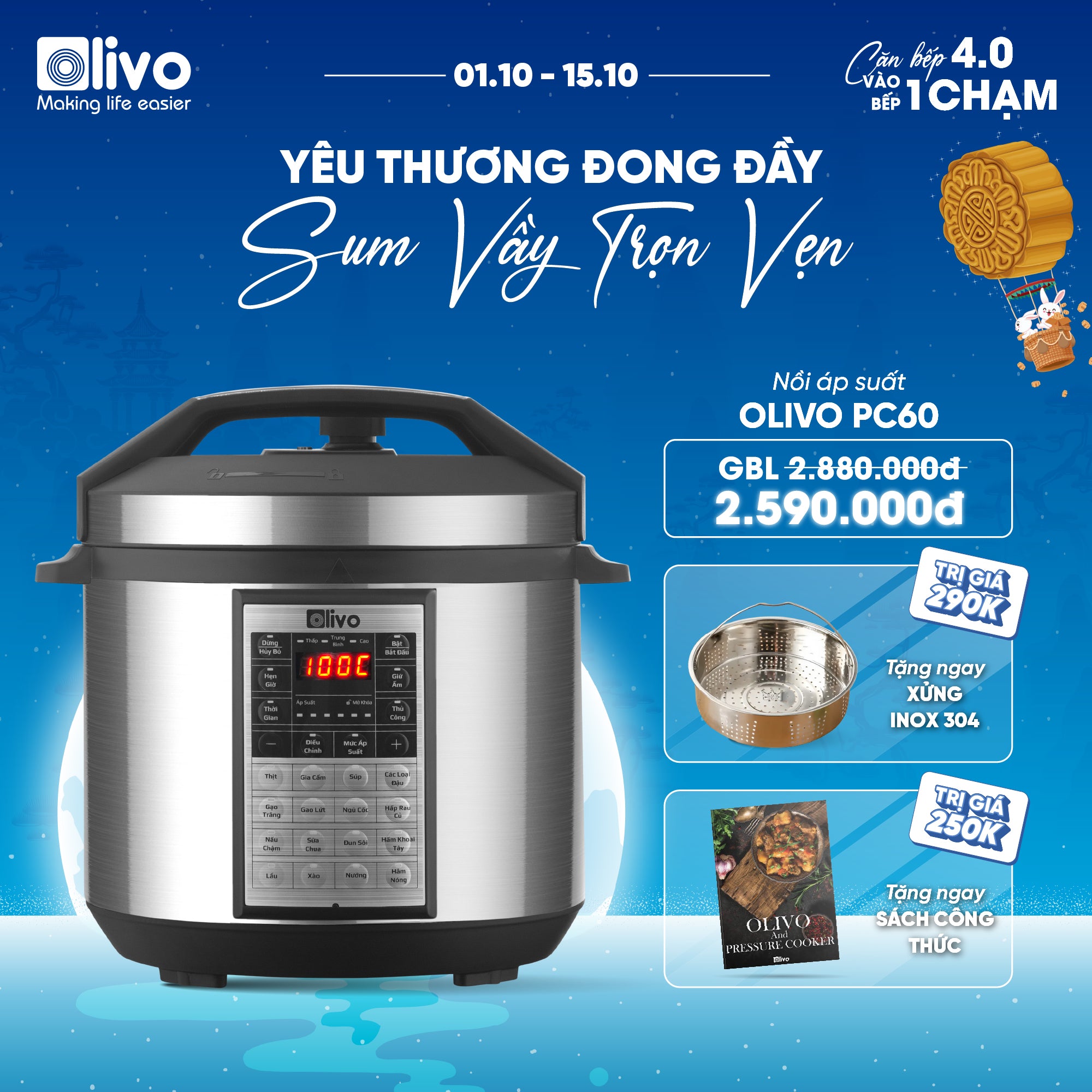 Nồi Áp Suất Điện Đa Năng OLIVO PC60 - 16 Chức Năng - Dung Tích 6L - Công Suất 1000W